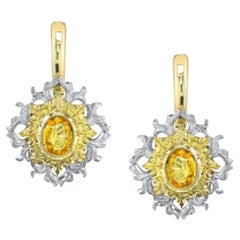 Yellow Sapphire Drop Earrings in 18K White and Yellow Gold, 1.79 Carat Total