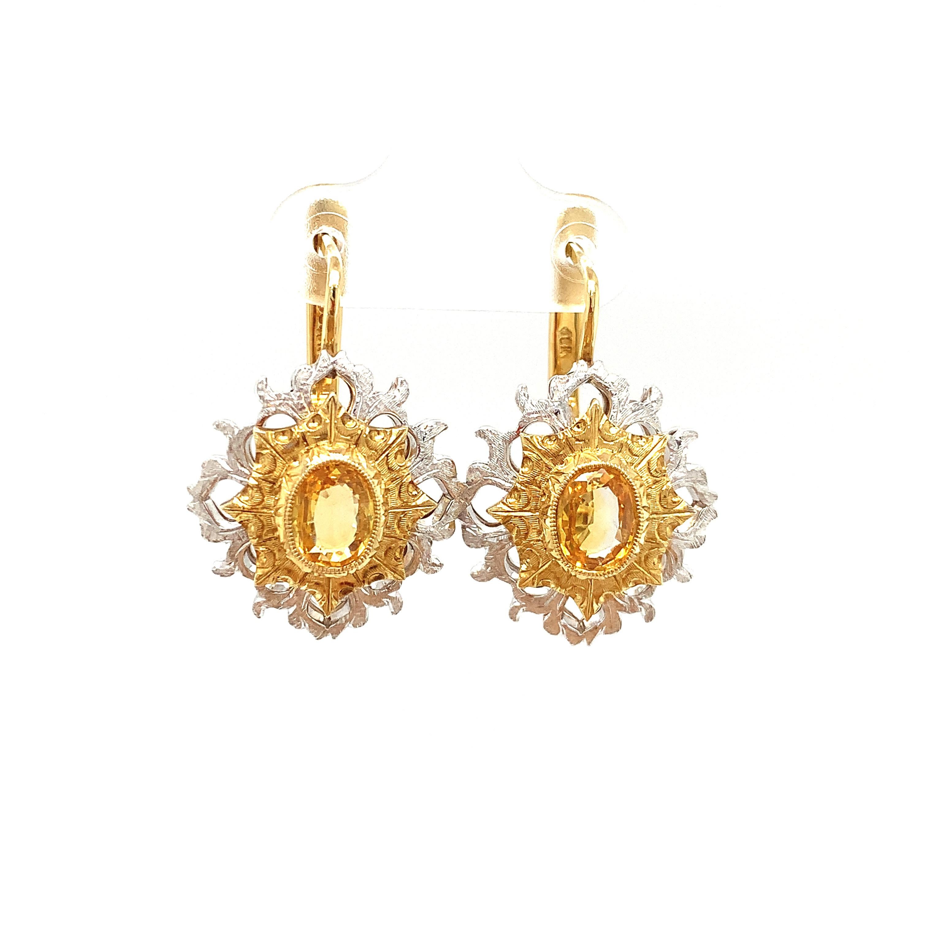 Oval Cut Yellow Sapphire Drop Earrings in 18K White and Yellow Gold, 1.79 Carat Total For Sale