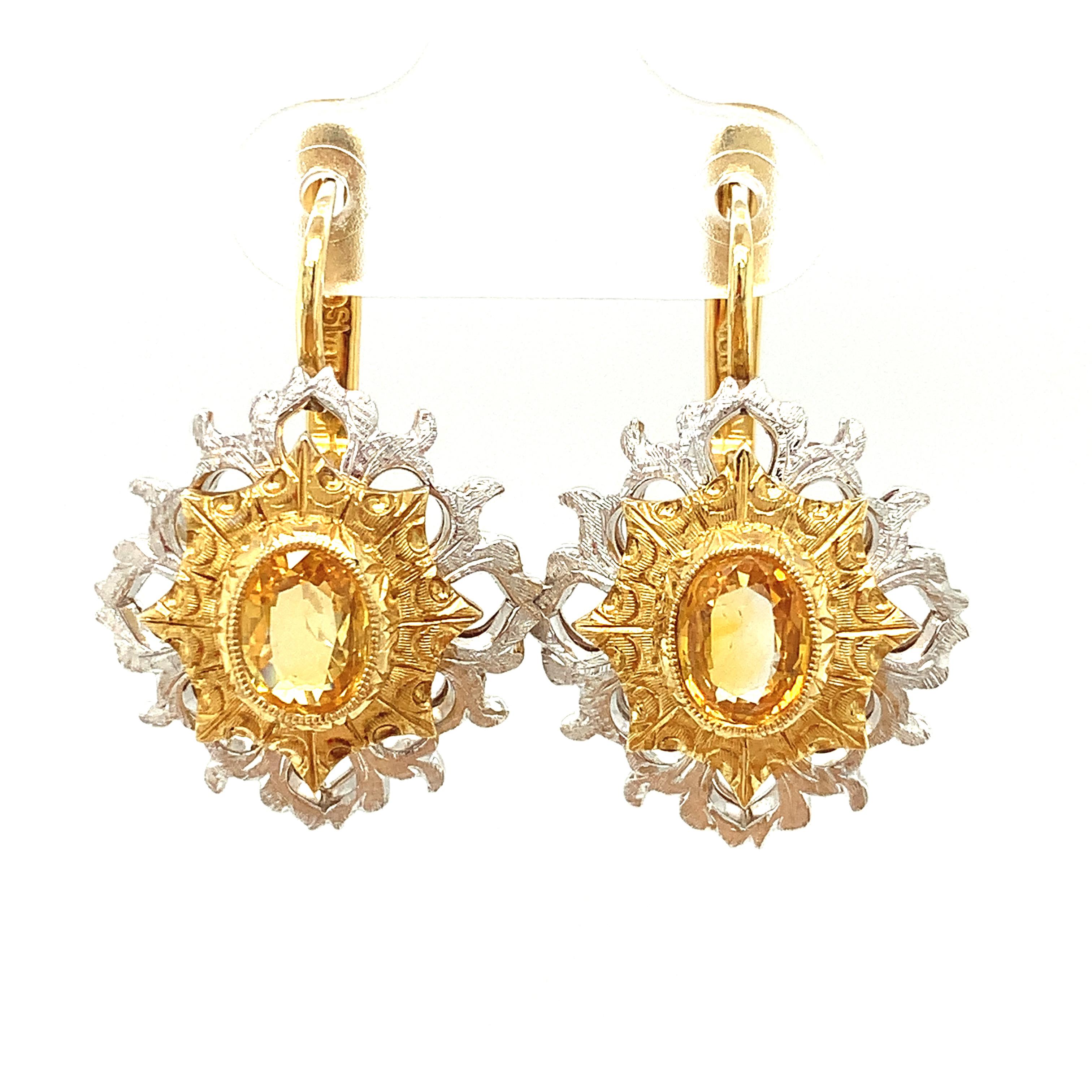 Artisan Yellow Sapphire Drop Earrings in 18K White and Yellow Gold, 1.79 Carat Total For Sale