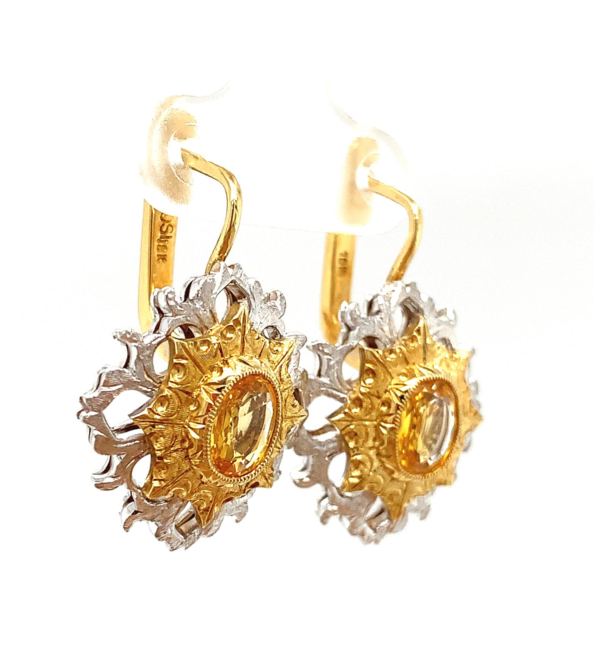 Yellow Sapphire Drop Earrings in 18K White and Yellow Gold, 1.79 Carat Total In New Condition For Sale In Los Angeles, CA