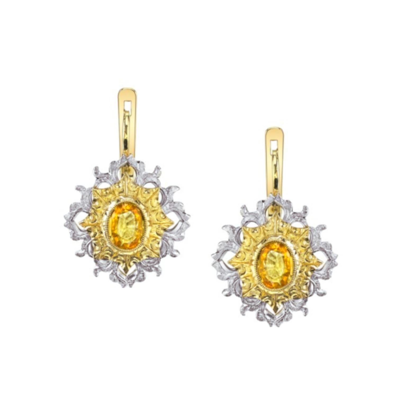Women's Yellow Sapphire Drop Earrings in 18K White and Yellow Gold, 1.79 Carat Total For Sale