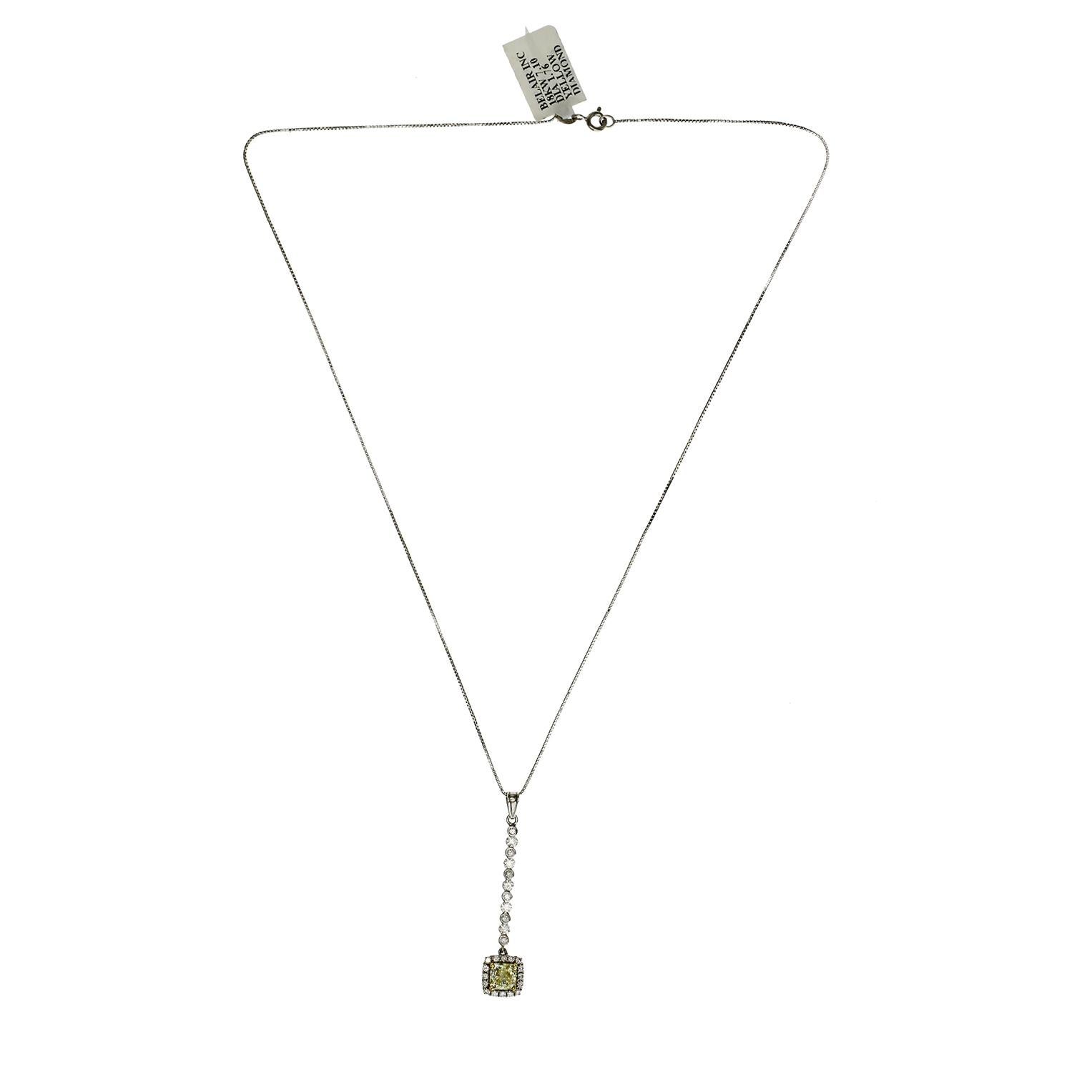 100% Authentic, 100% Customer Satisfaction
Pendant: 43.5 mm
Chain: 0.8 mm
Size: 18 Inches
Metal: 18K White Gold
Hallmarks: 18K
Total Weight: 6 Grams
Stone Type: 1.79 CT Yellow and White Diamond 0.32 CT  G   SI1
Condition: New With Tag 