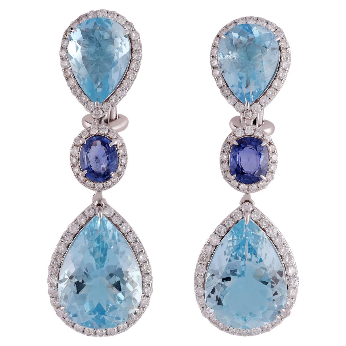 17.90 Carat Clear Aquamarine & Diamond Cluster Earring in 18K gold For Sale