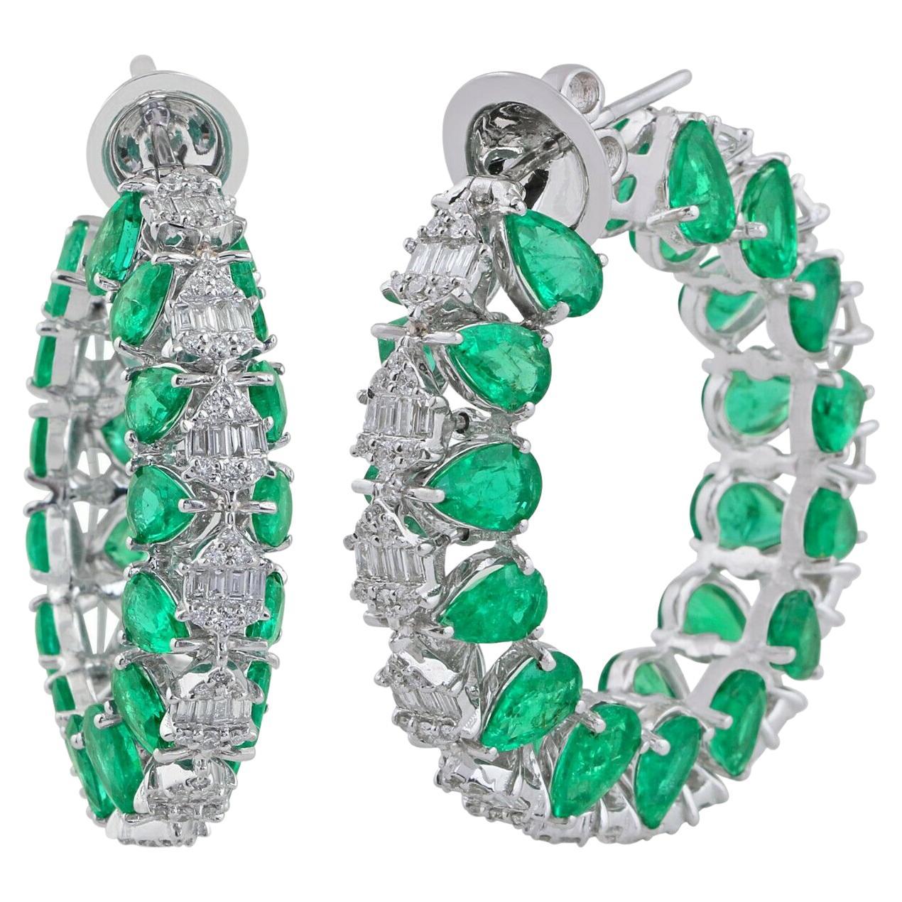 17.90 Carats Zambian Emerald Diamond 14 Karat Gold Hoop Earrings