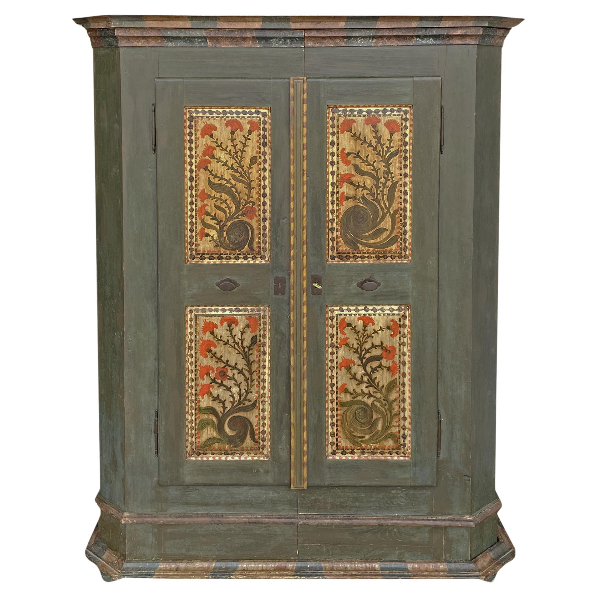 1790 Green Floral Painted Wardrobe