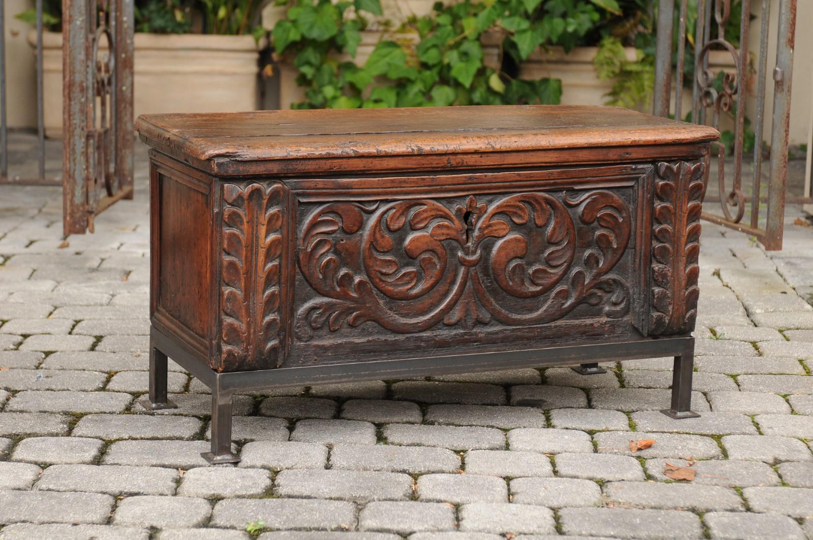 18th Century 1790s English George III Period Hand Carved Walnut Coffer on New Custom Stand