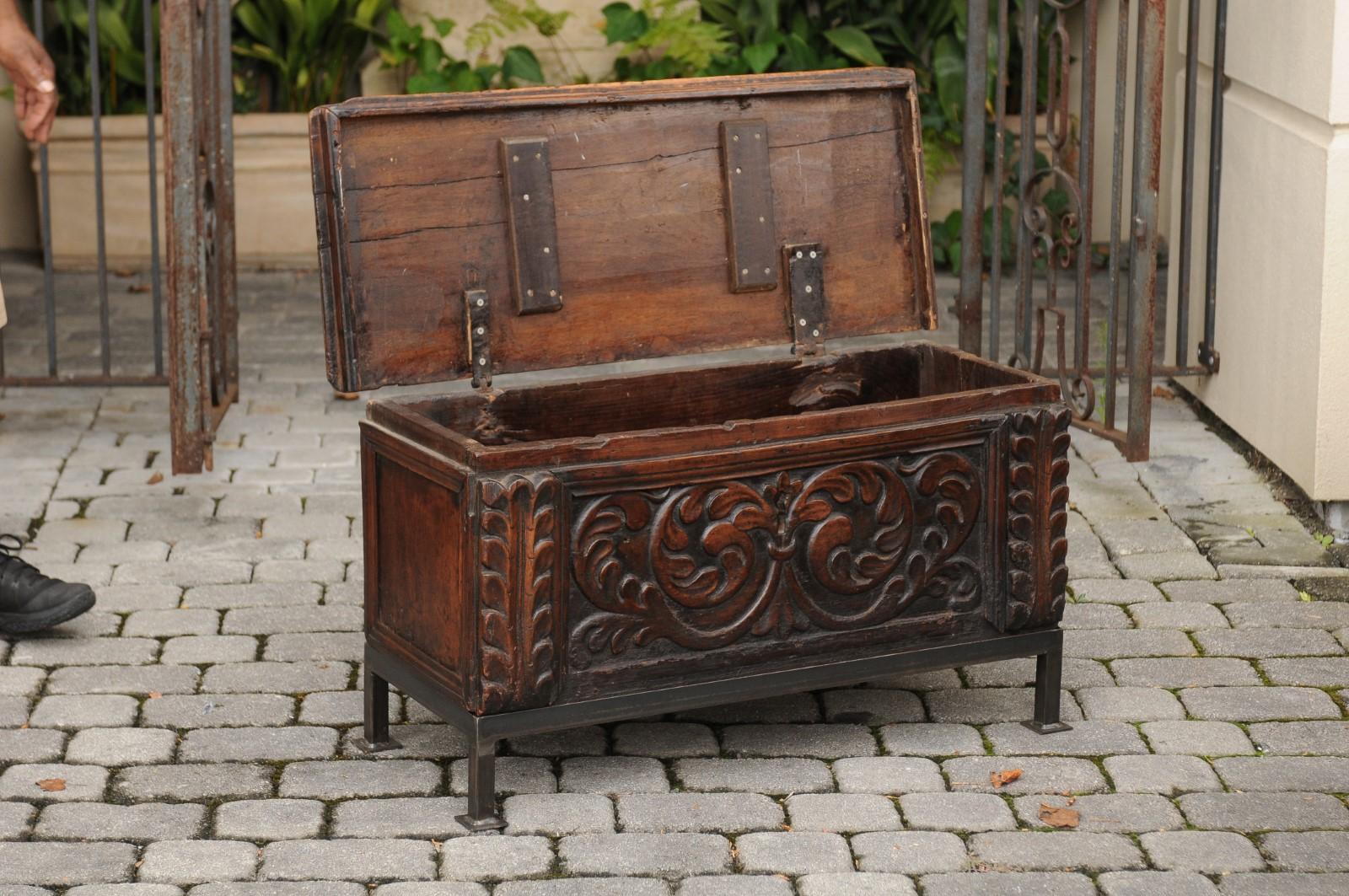 Iron 1790s English George III Period Hand Carved Walnut Coffer on New Custom Stand