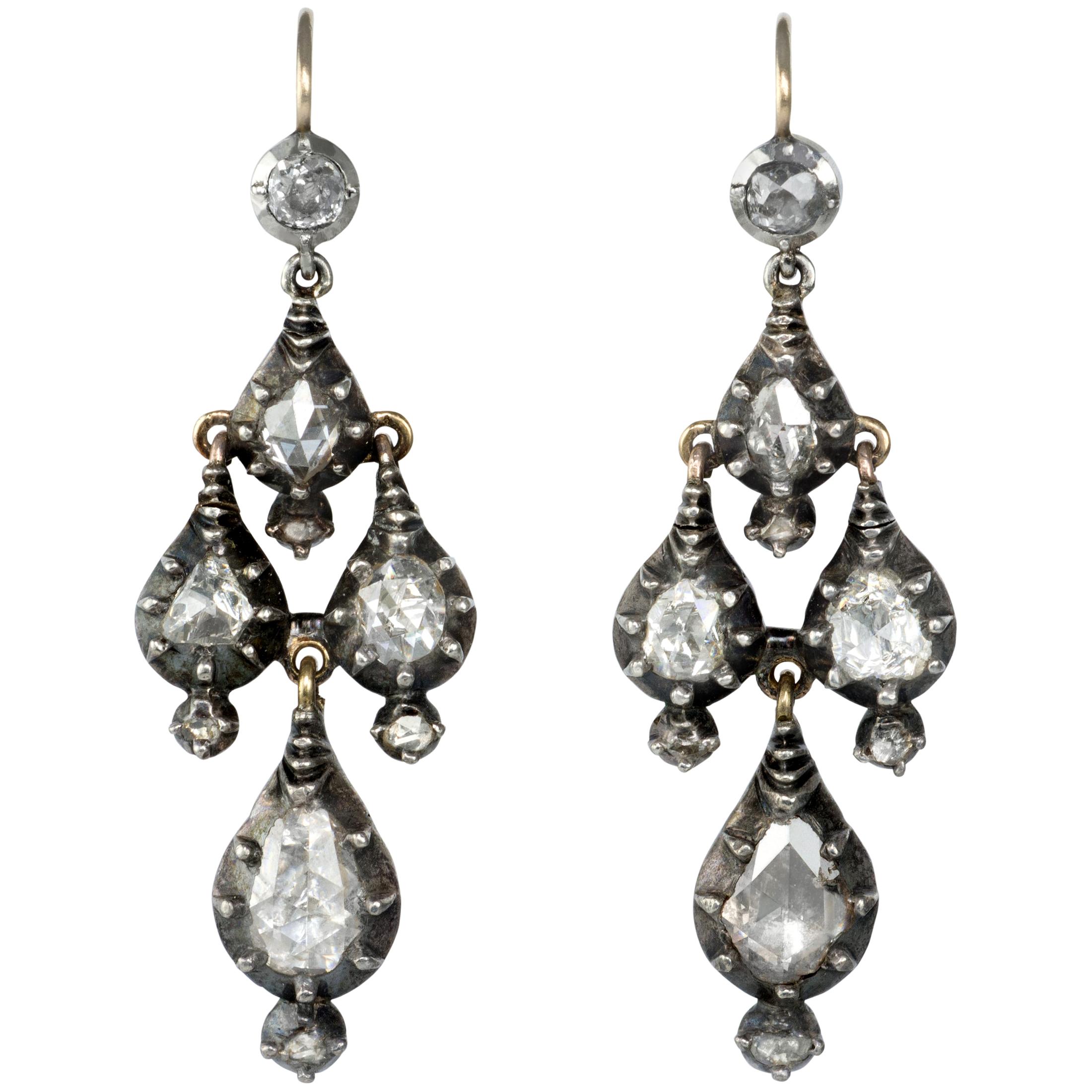 1790s Georgian Diamond Gold and Silver Girandole Earrings