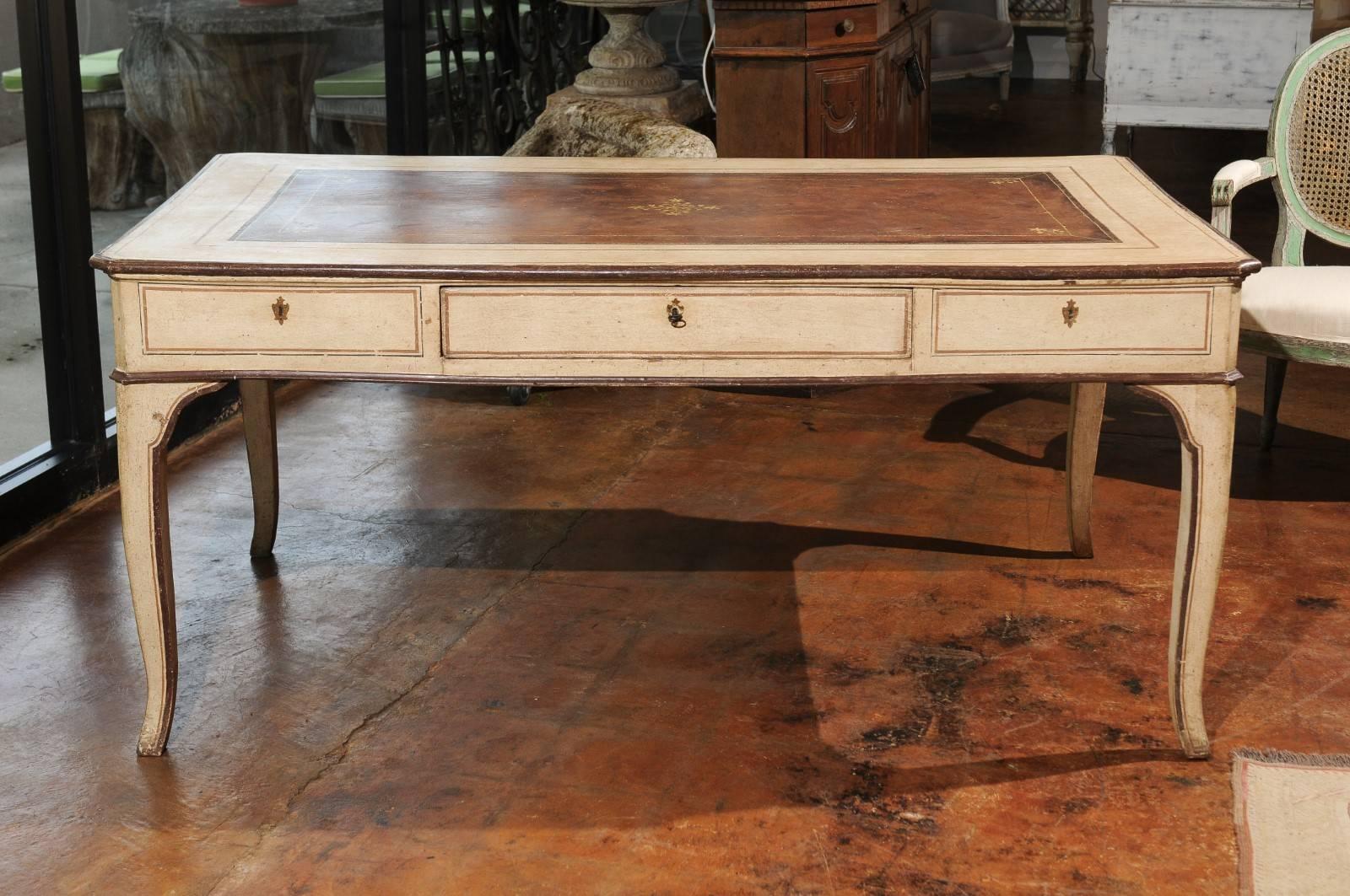1790s Italian Painted Wood Desk with Hidden Drawers and Faux Leather Top 5