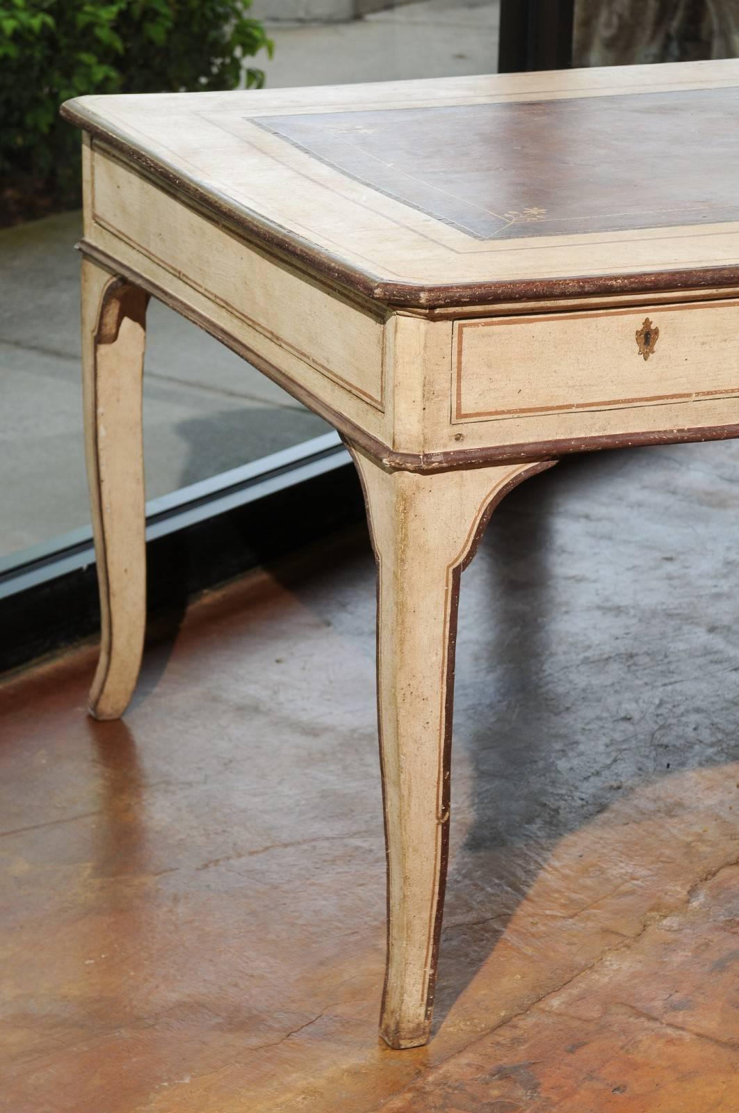 Hand-Painted 1790s Italian Painted Wood Desk with Hidden Drawers and Faux Leather Top