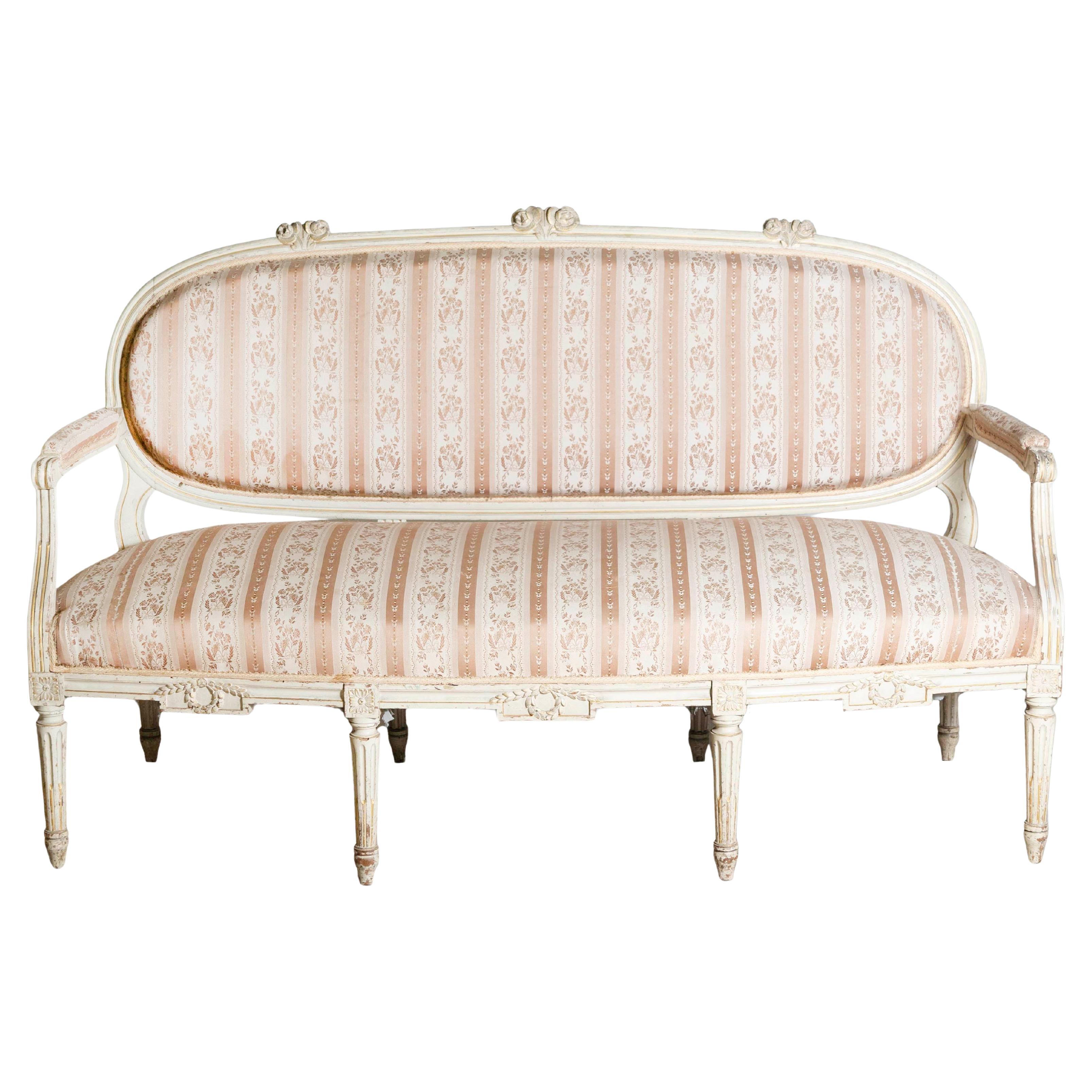 1790s Louis XVI Period French Painted Sofa with Oval Back and Carved Foliage
