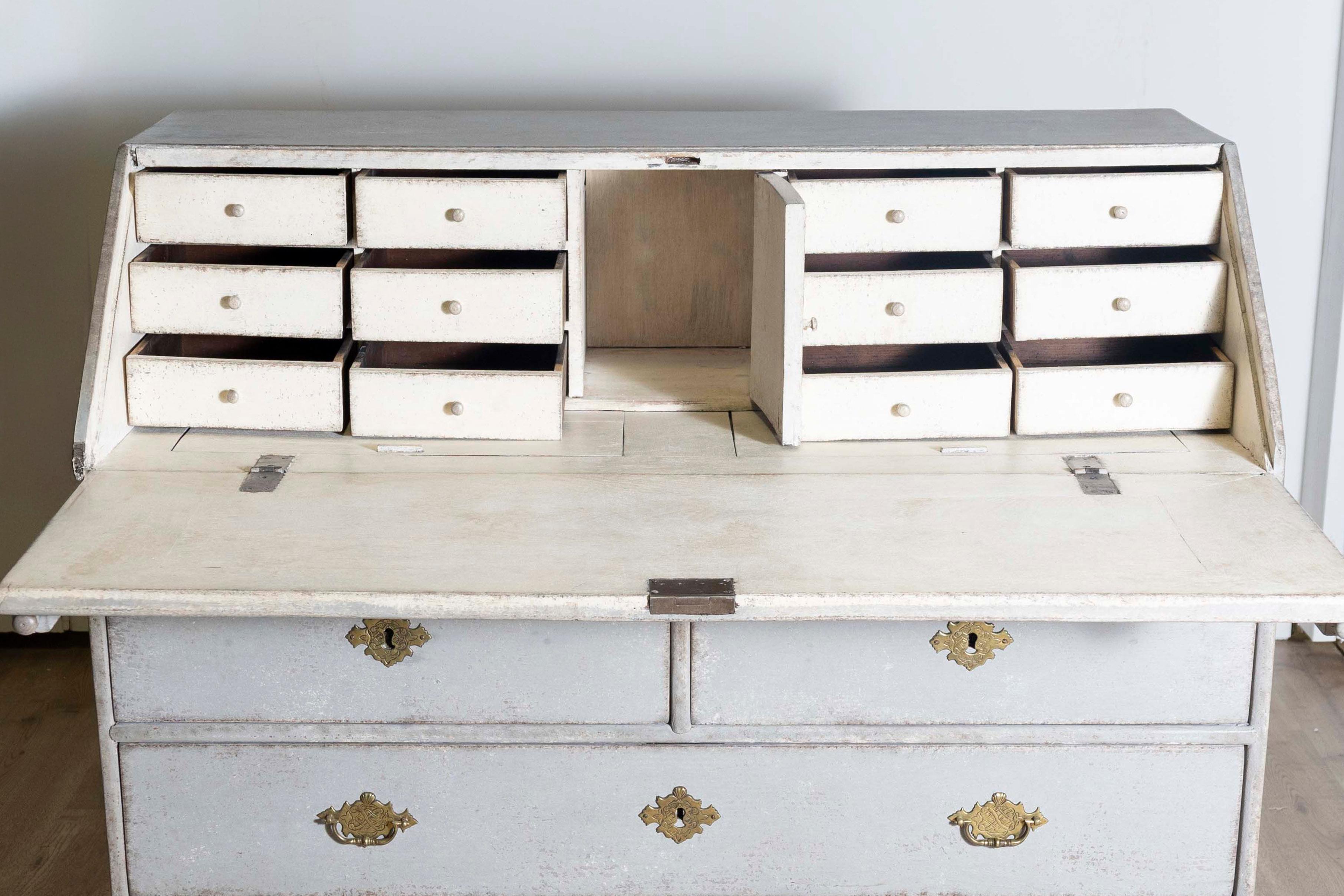 Wood 1790s  Scandinavian Slant Front Desk with Carved Panel and Four Drawers For Sale