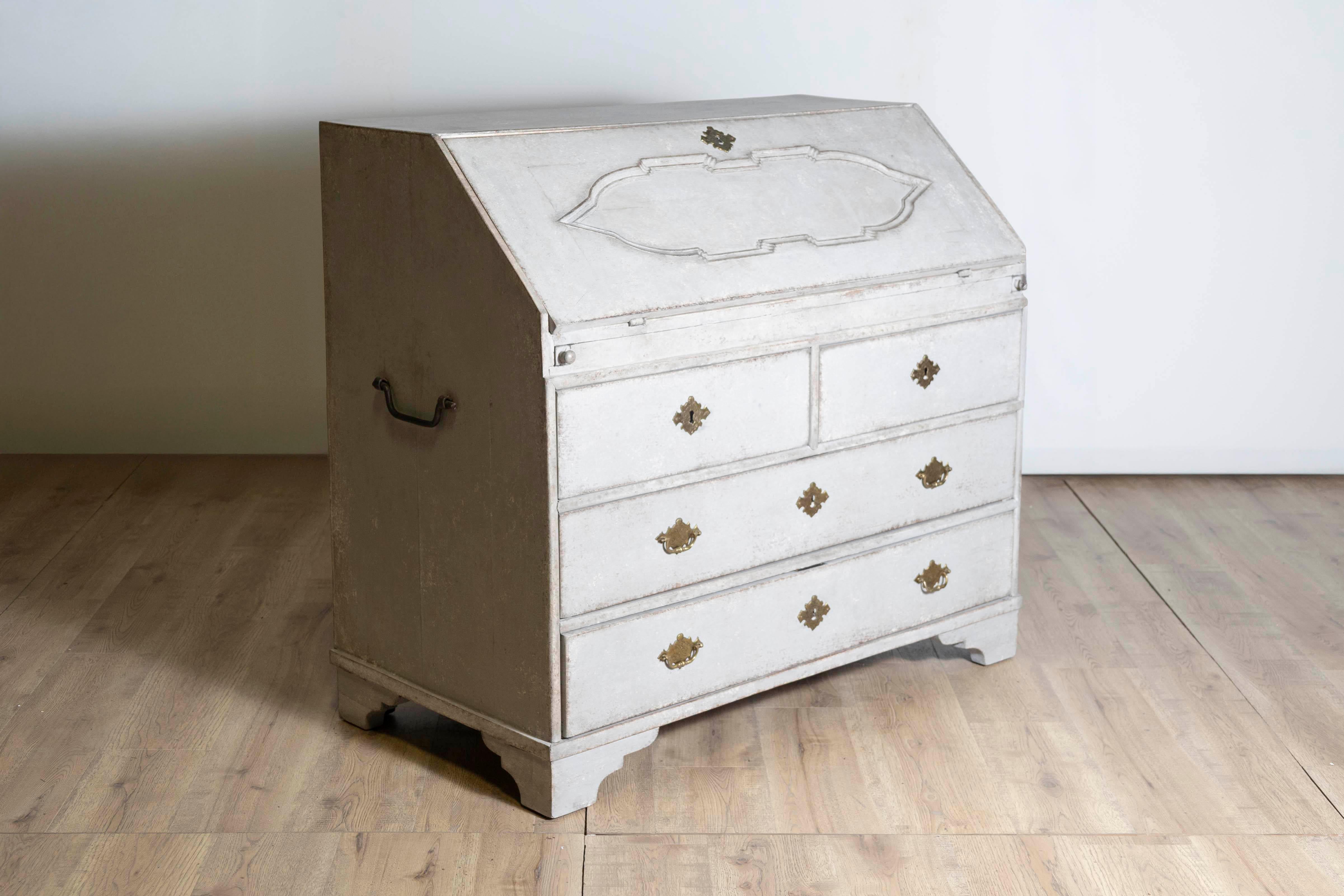 1790s  Scandinavian Slant Front Desk with Carved Panel and Four Drawers For Sale 1