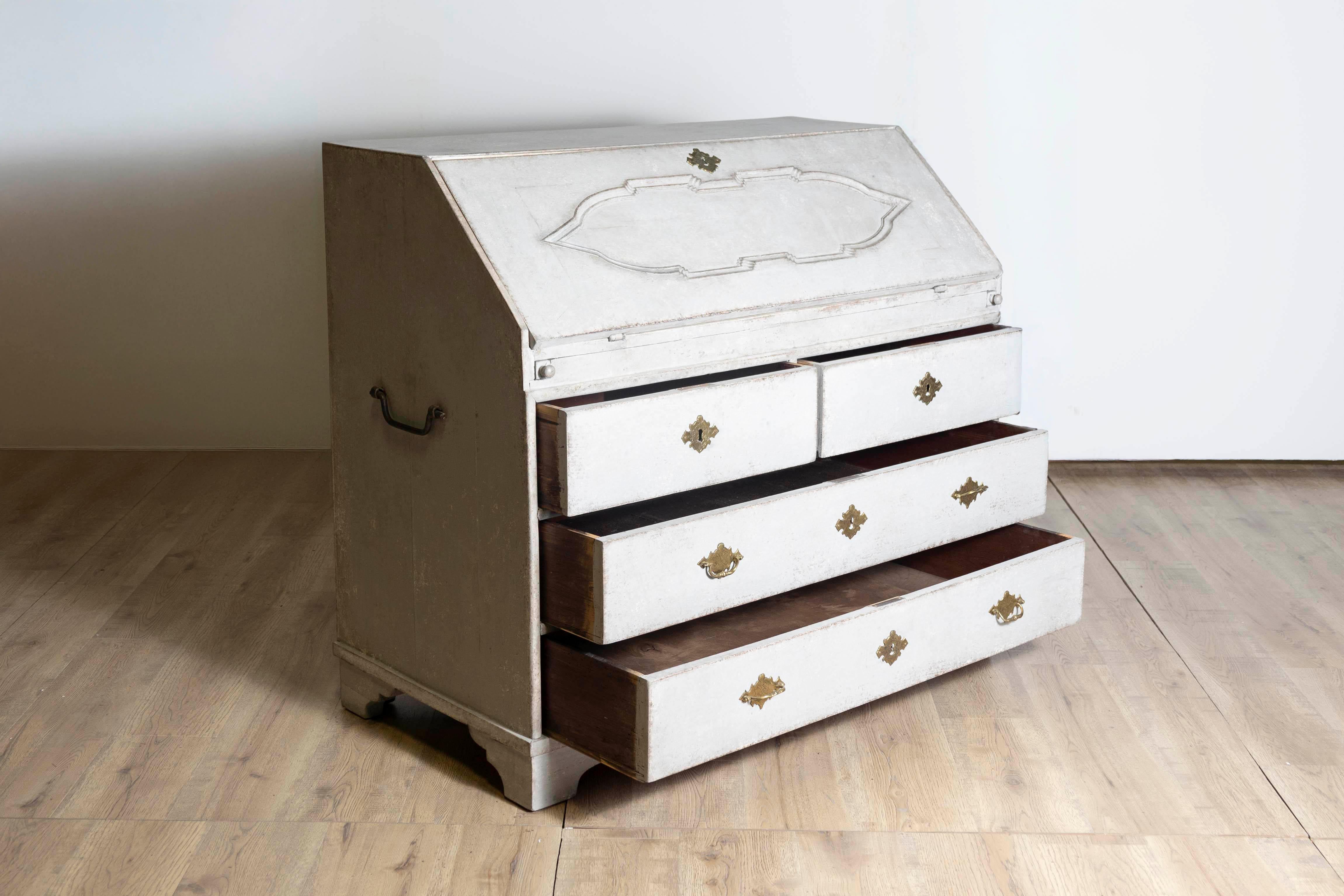 1790s  Scandinavian Slant Front Desk with Carved Panel and Four Drawers For Sale 2