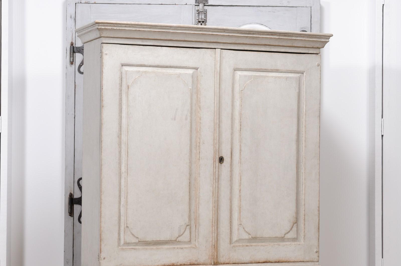 18th Century 1790s Swedish Gustavian Period Painted Buffet à Deux Corps with Carved Doors