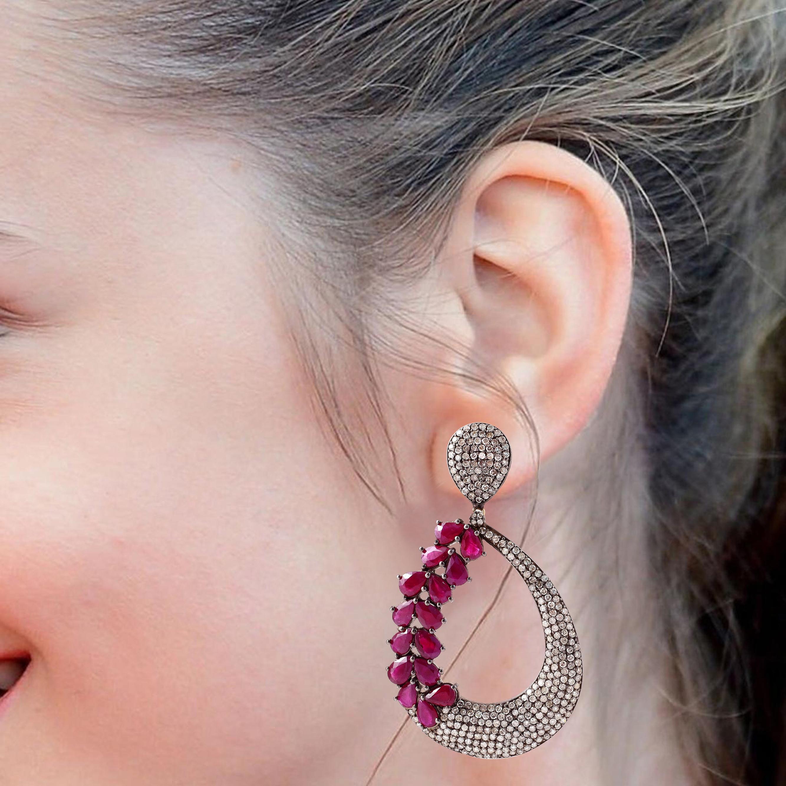 Pear Cut 17.91 Carat Ruby and Diamond Dangle Cocktail Earrings in Victorian Style For Sale