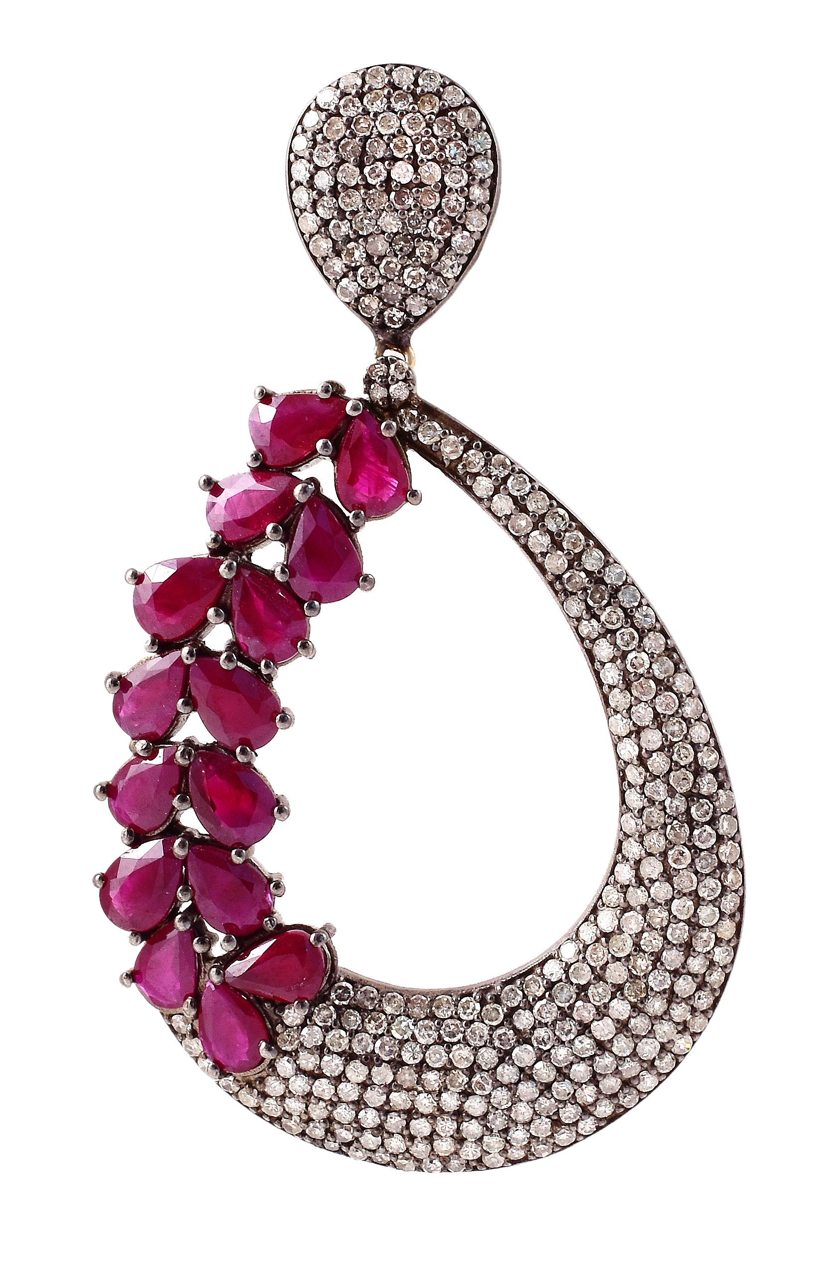 17.91 Carat Ruby and Diamond Dangle Cocktail Earrings in Victorian Style For Sale 1