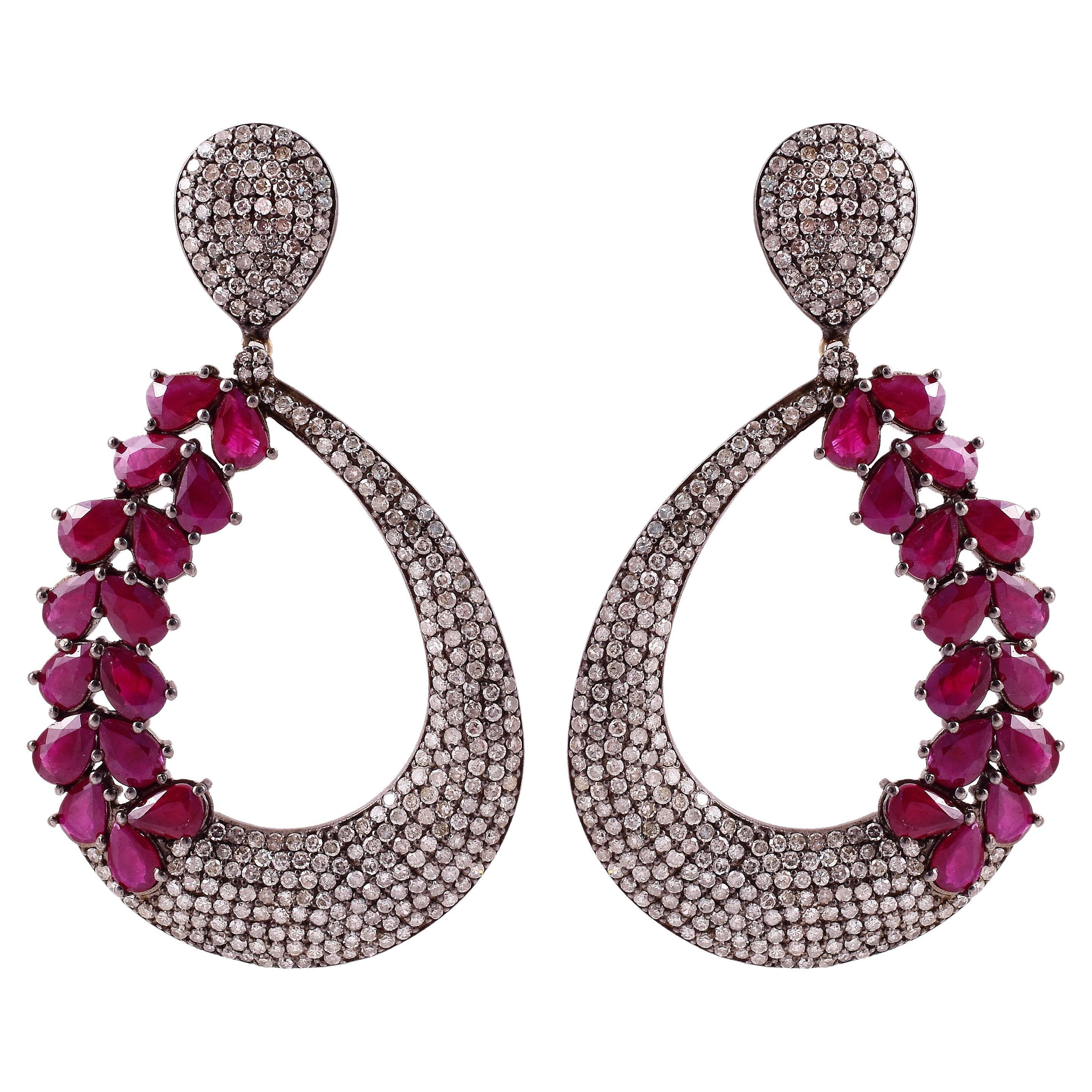 17.91 Carat Ruby and Diamond Dangle Cocktail Earrings in Victorian Style