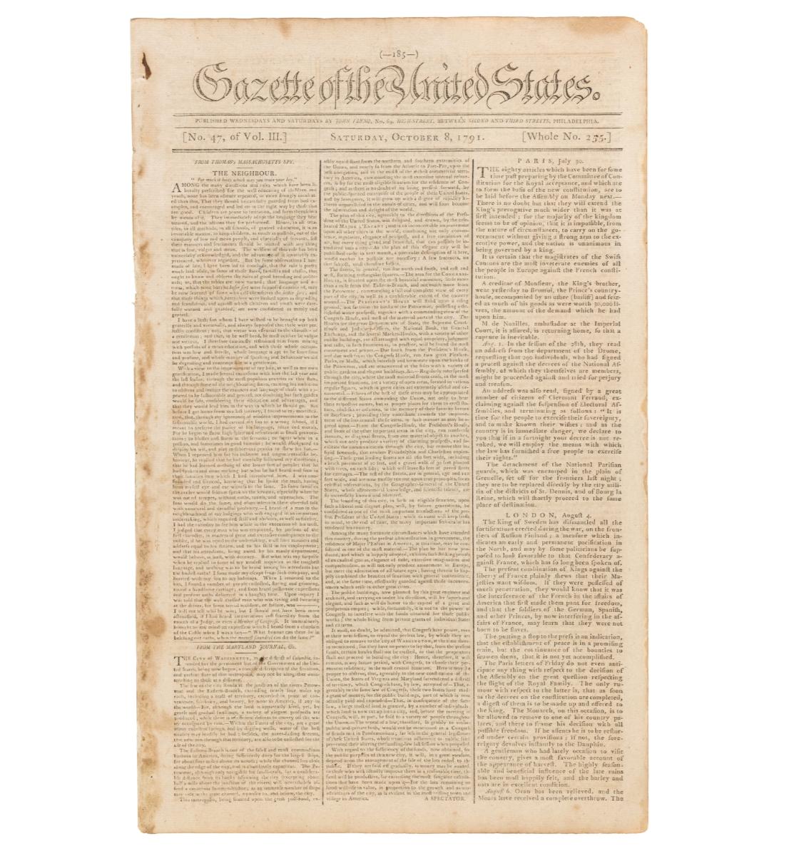 American 1791 Gazette of The United States, with Plans for the Capital City of Washington