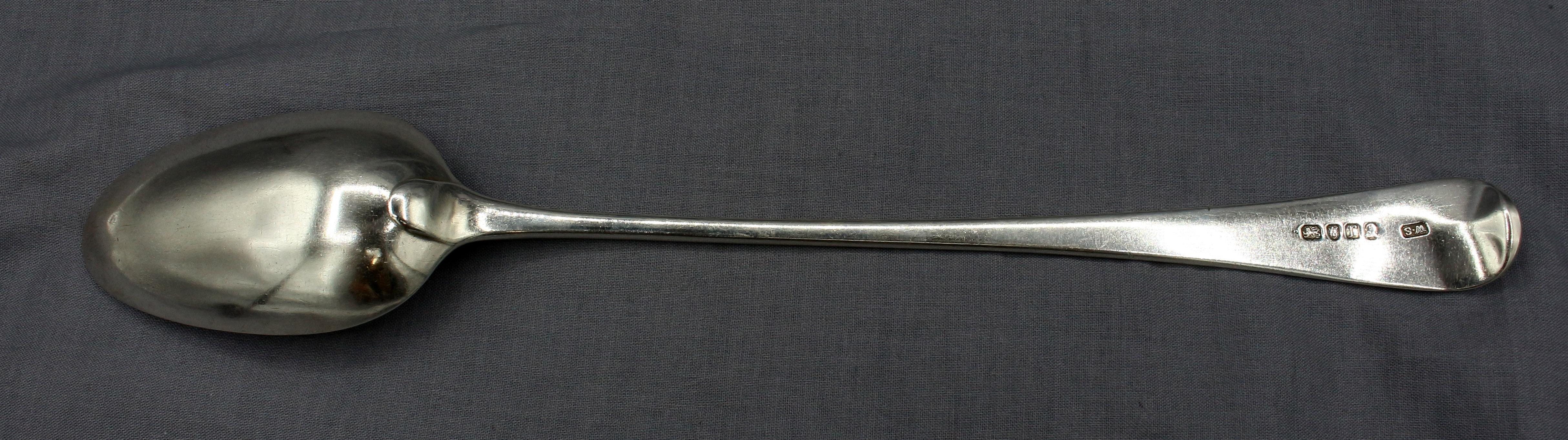 London, 1792, sterling silver Old English basting spoon. George III period by William Sutton of Cheapside. Monogram 
