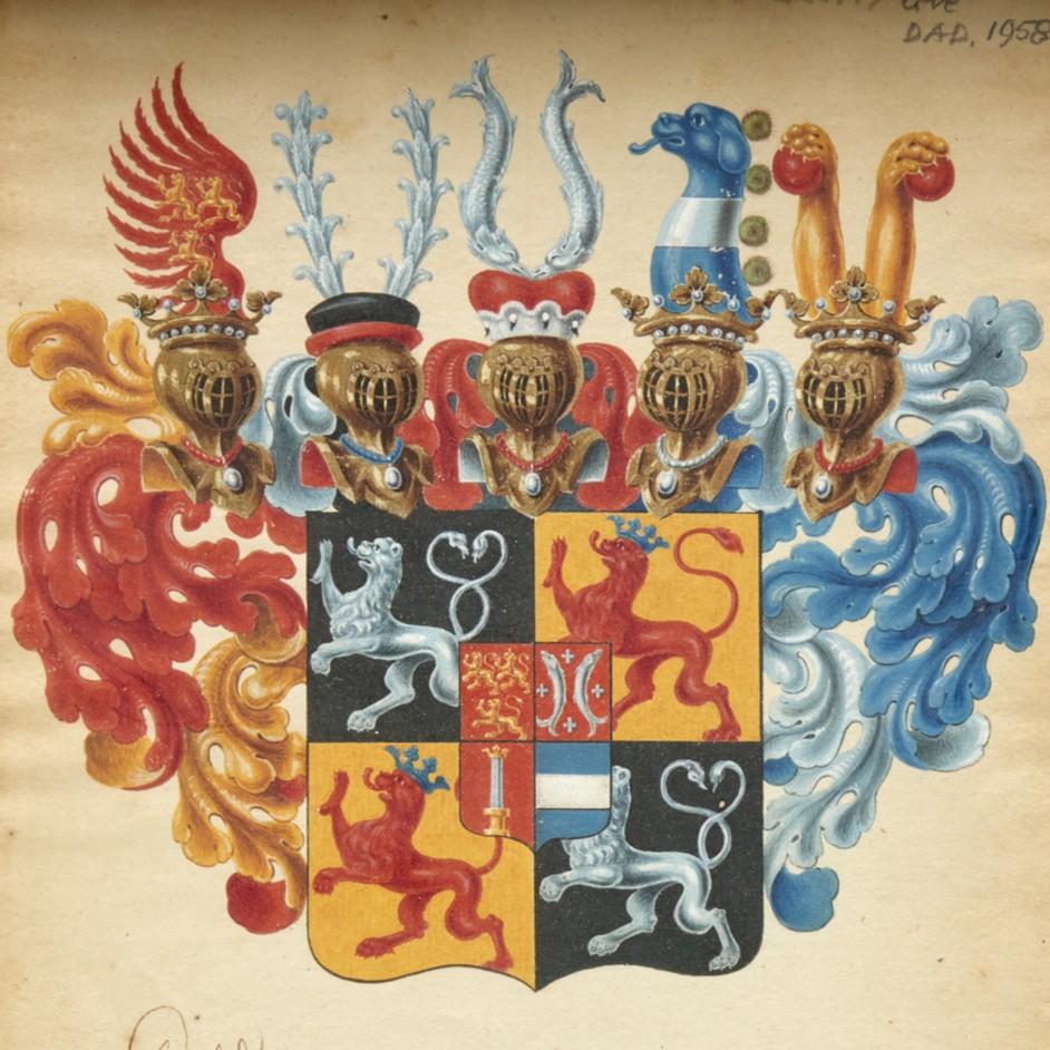 18th Century German Heraldic Gouache with Imperial Inscription, 1792
Signed “Herzer”, with reference to Kaiser Ferdinand II, 1623

An exquisite late 18th-century heraldic painting in gouache, ink, and watercolor on laid paper, meticulously executed