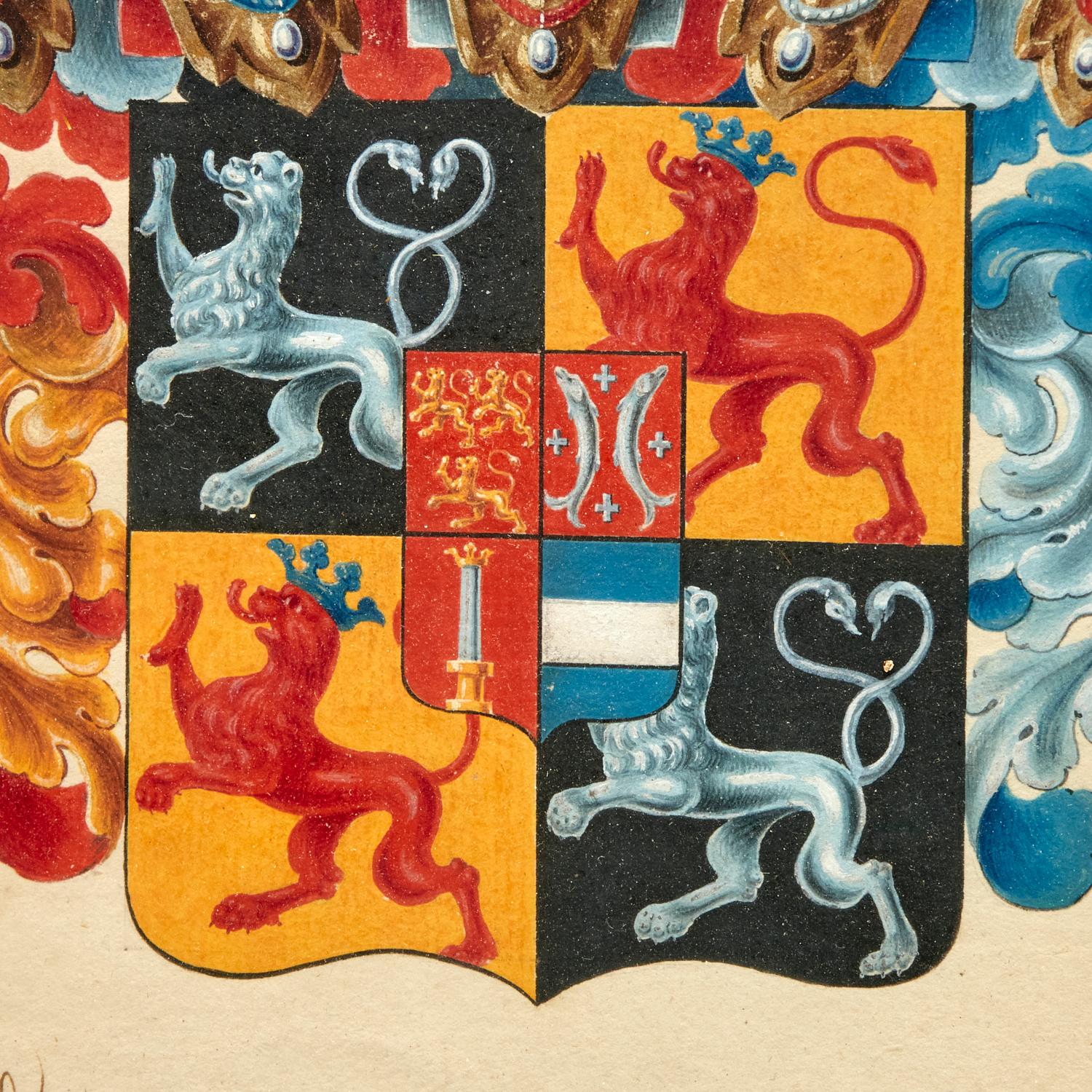 Hand-Painted 1792 German Heraldic Gouache, Ink and Watercolor with Imperial Inscription For Sale