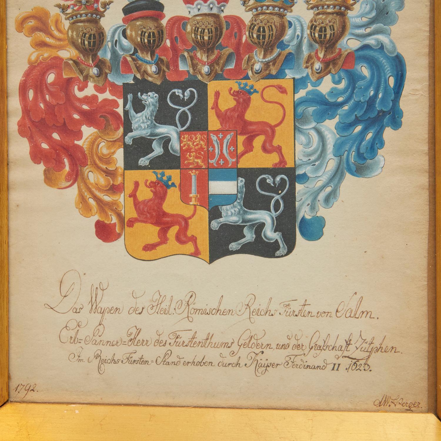 1792 German Heraldic Gouache, Ink and Watercolor with Imperial Inscription In Good Condition For Sale In Morristown, NJ