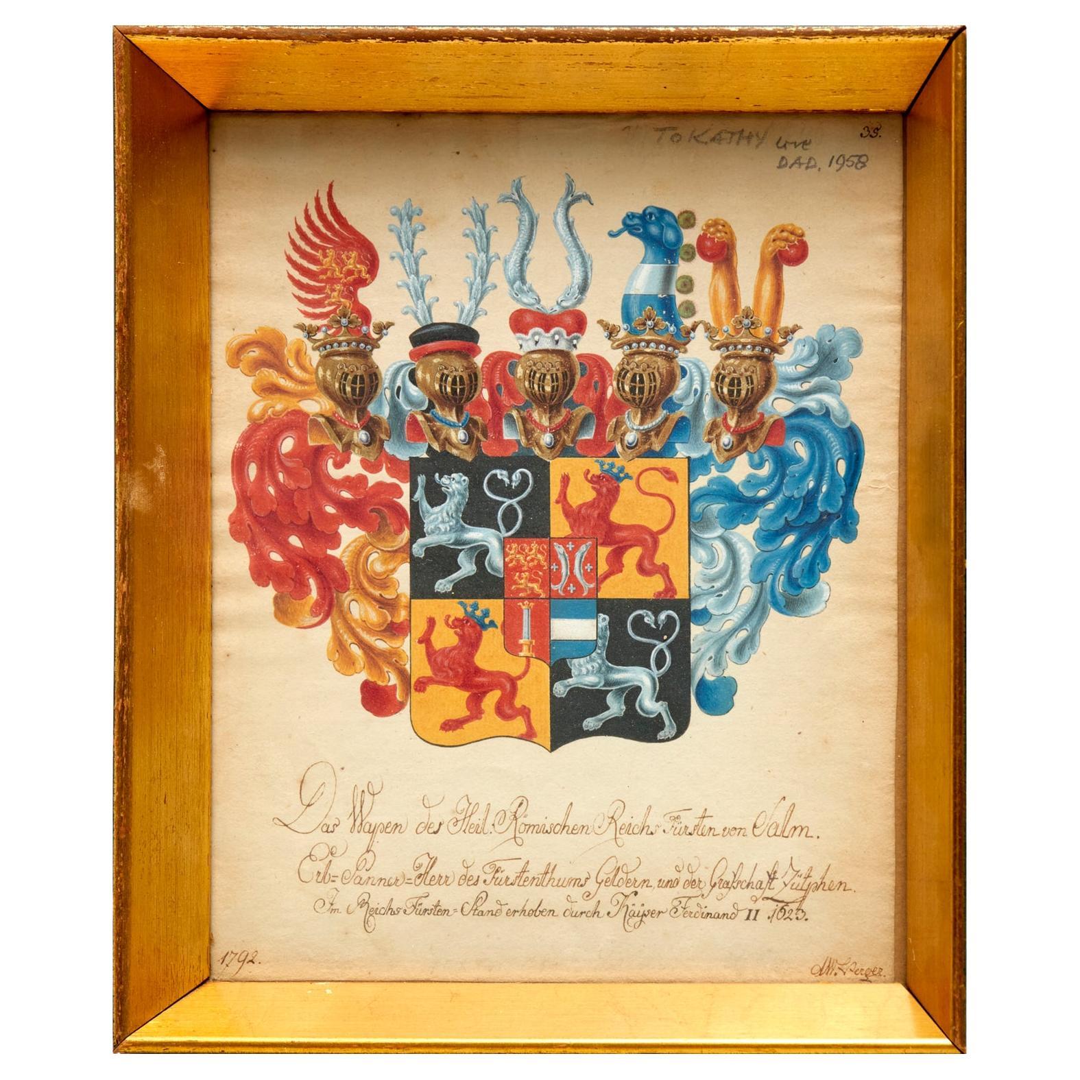 1792 German Heraldic Gouache, Ink and Watercolor with Imperial Inscription