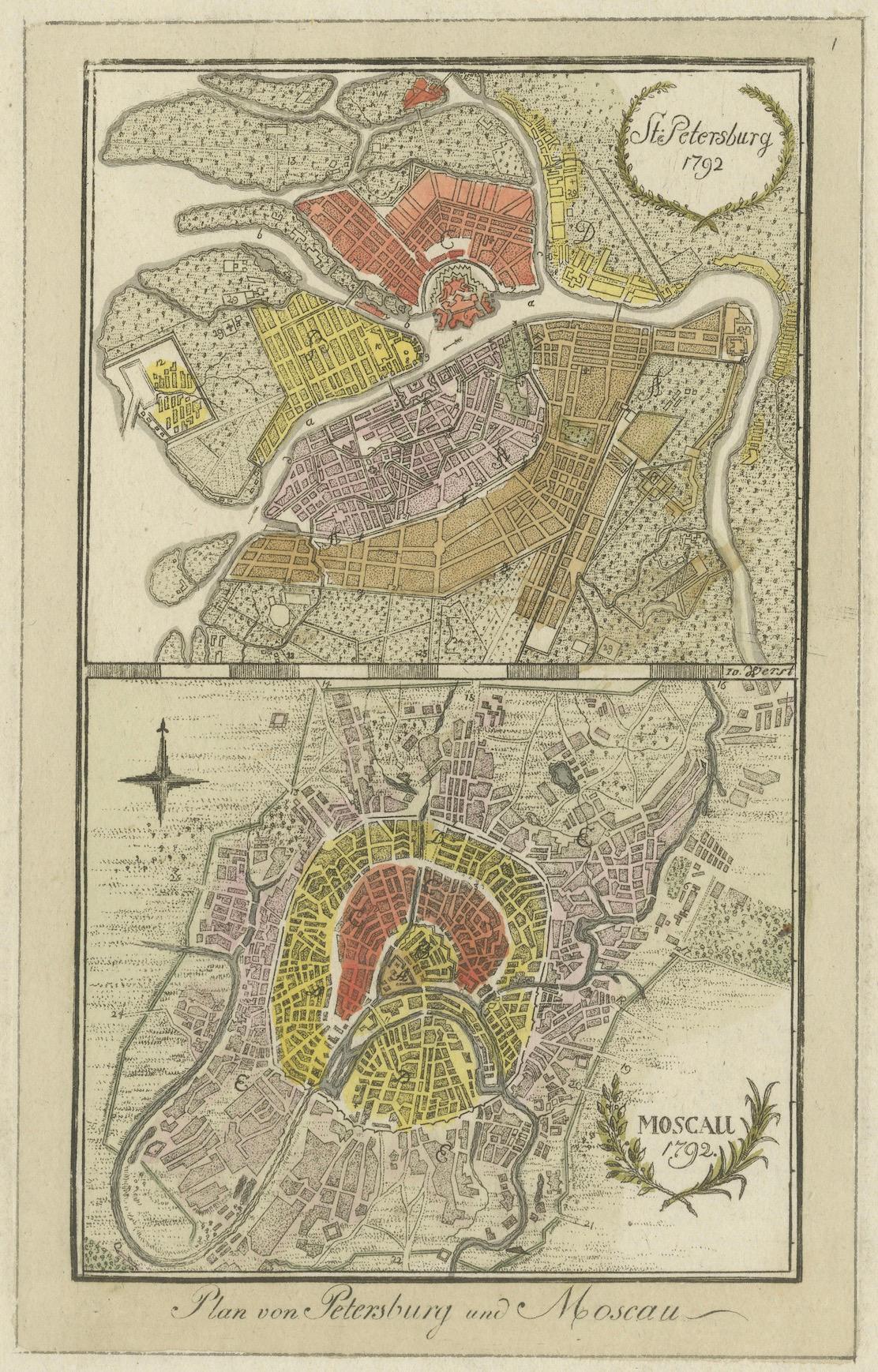 Title: 1792 Hand-Colored Plan of St. Petersburg and Moscow  

Description: This rare 1792 map features detailed plans of two iconic Russian cities, St. Petersburg and Moscow. The upper map highlights St. Petersburg’s elegant baroque layout with its