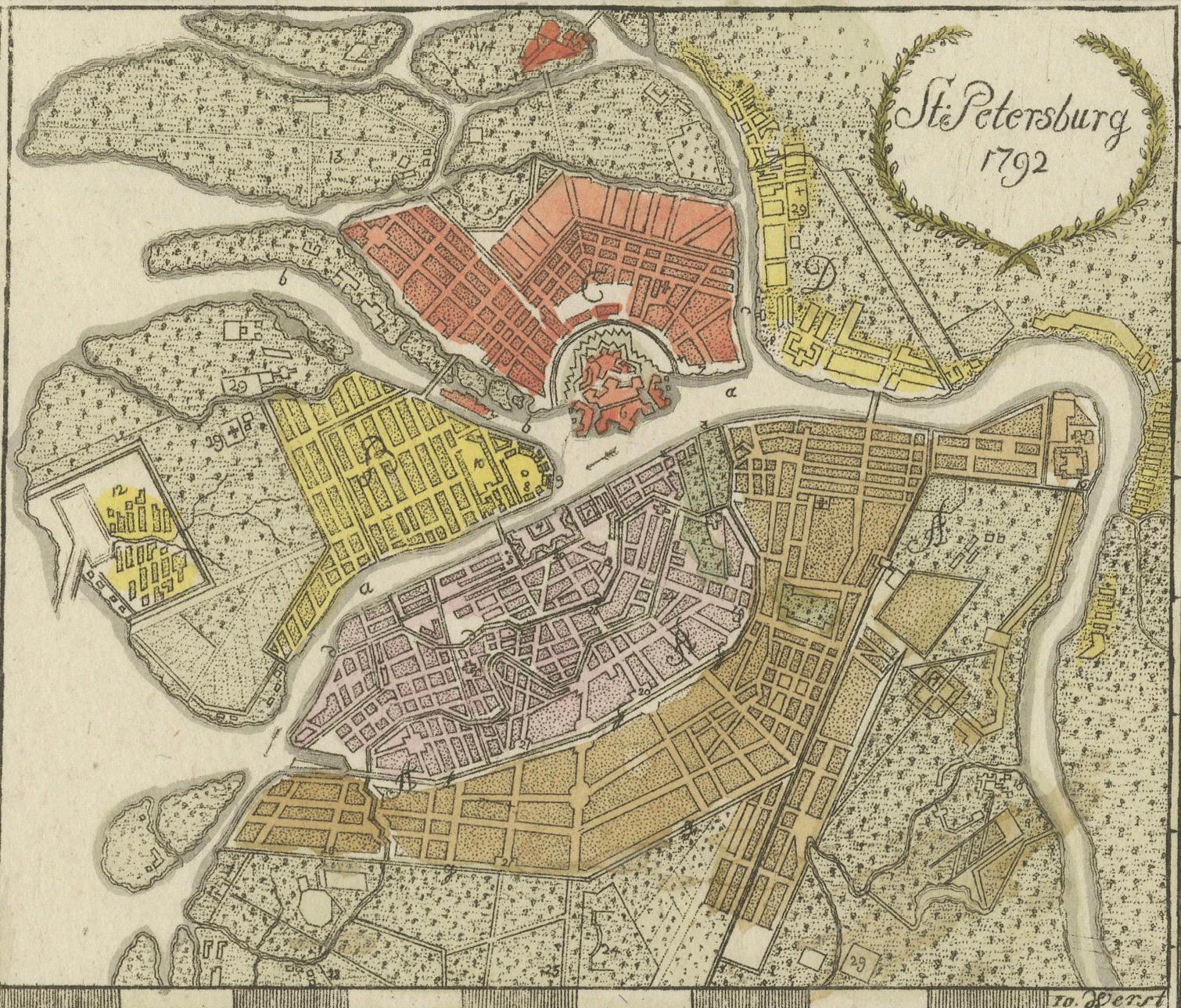 Engraved 1792 Hand-Colored Plan of St. Petersburg and Moscow in Russia For Sale