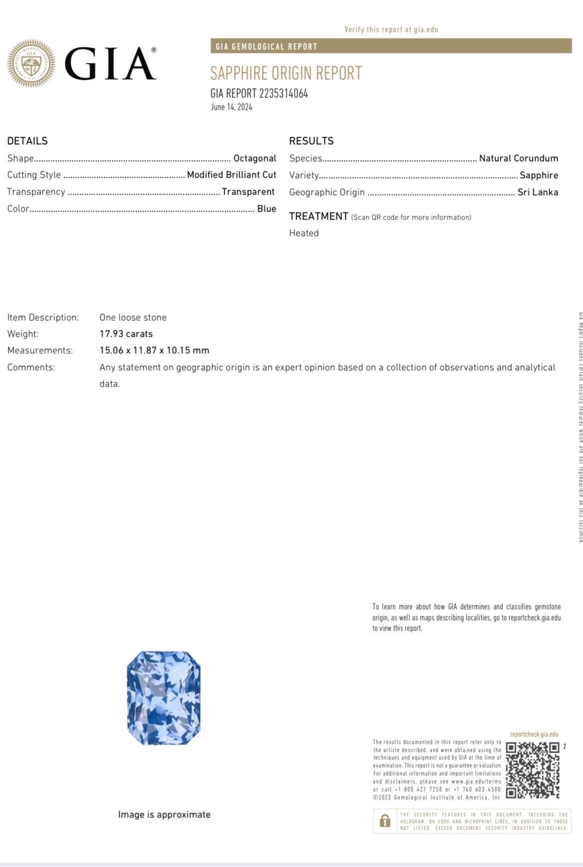 Radiant Cut 17.93-carat, blue Sapphire platinum ring. For Sale