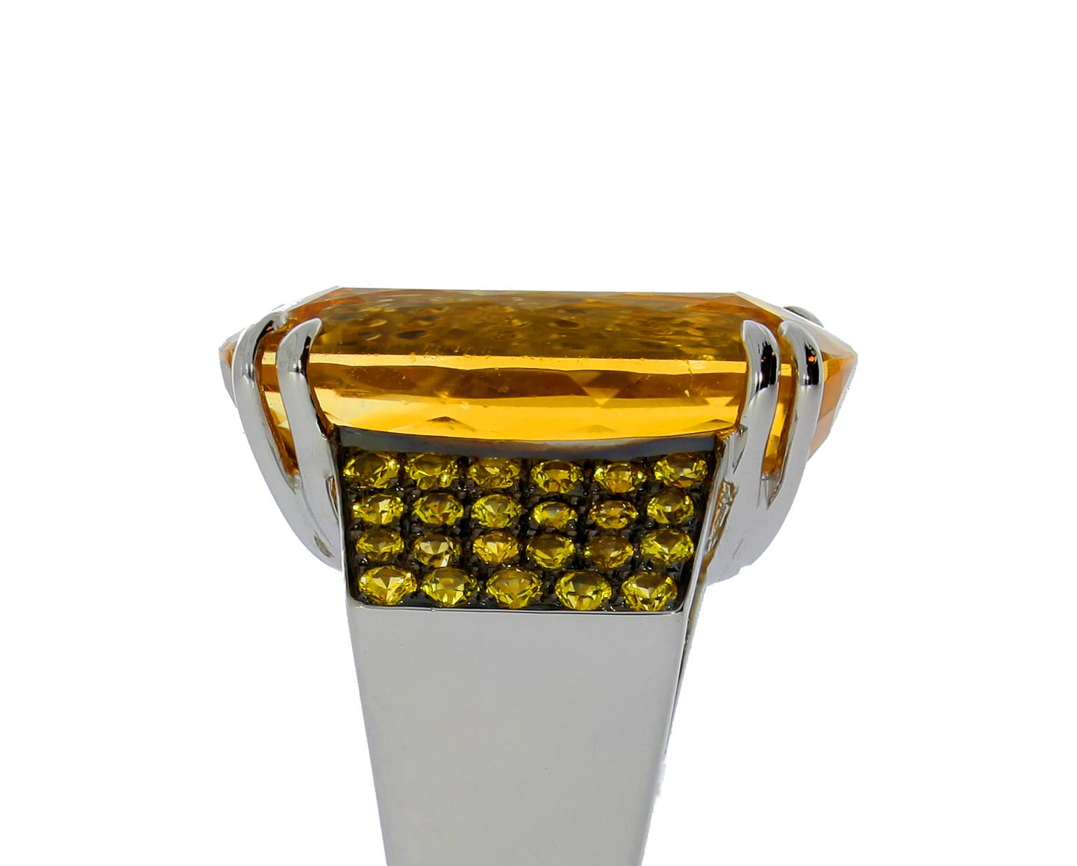 Crafted from 18k white gold, this exceptional cocktail ring by Chatila combines different shades of yellow for a vibrant, sunny style.

Details:

- 46 Yellow sapphires with a total weight of 1.25 carats.
- Citrine with a total weight of 17.93