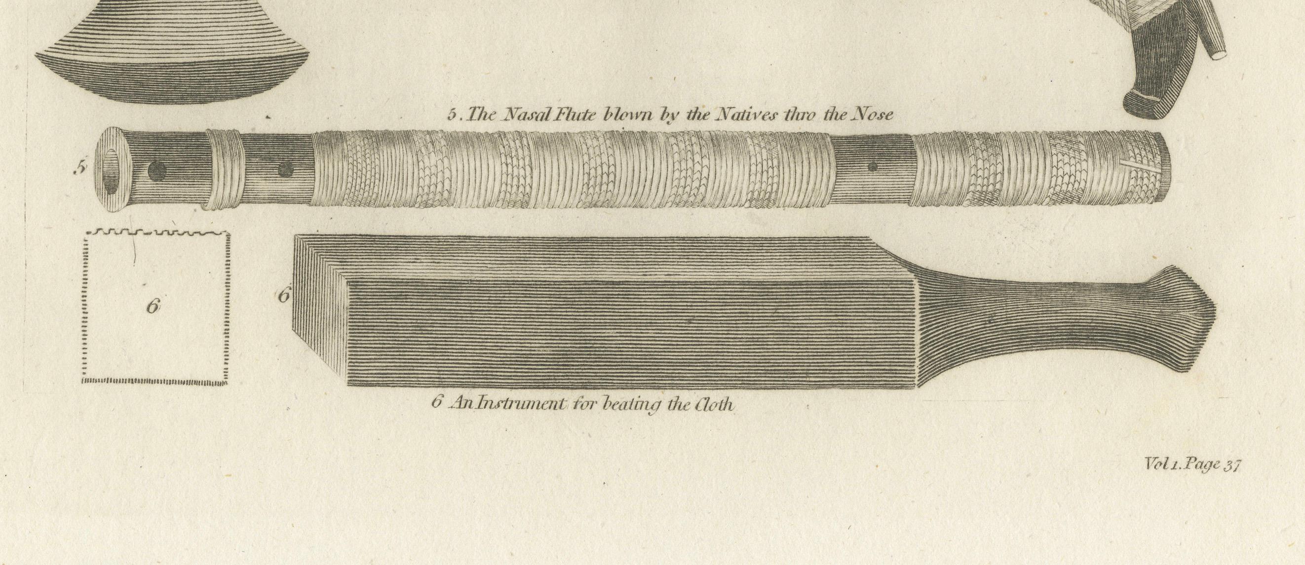 Engraved 1793 Ethnographic Engraving of Otaheitean Tools in Tahiti, French Polynesia For Sale
