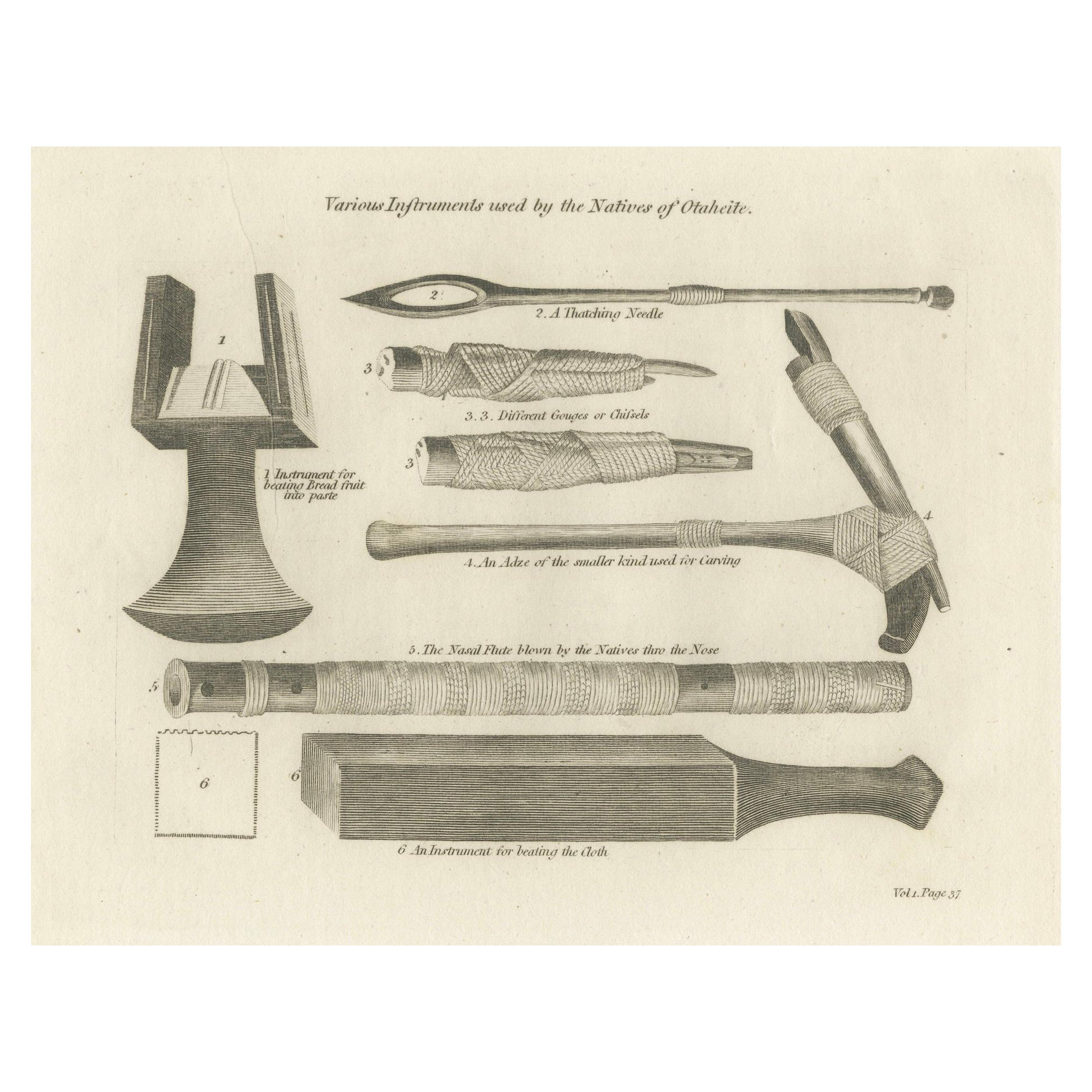 1793 Ethnographic Engraving of Otaheitean Tools in Tahiti, French Polynesia