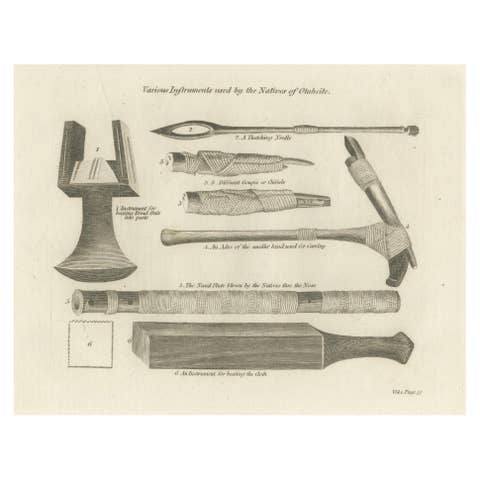 1793 Ethnographic Engraving of Otaheitean Tools in Tahiti, French Polynesia