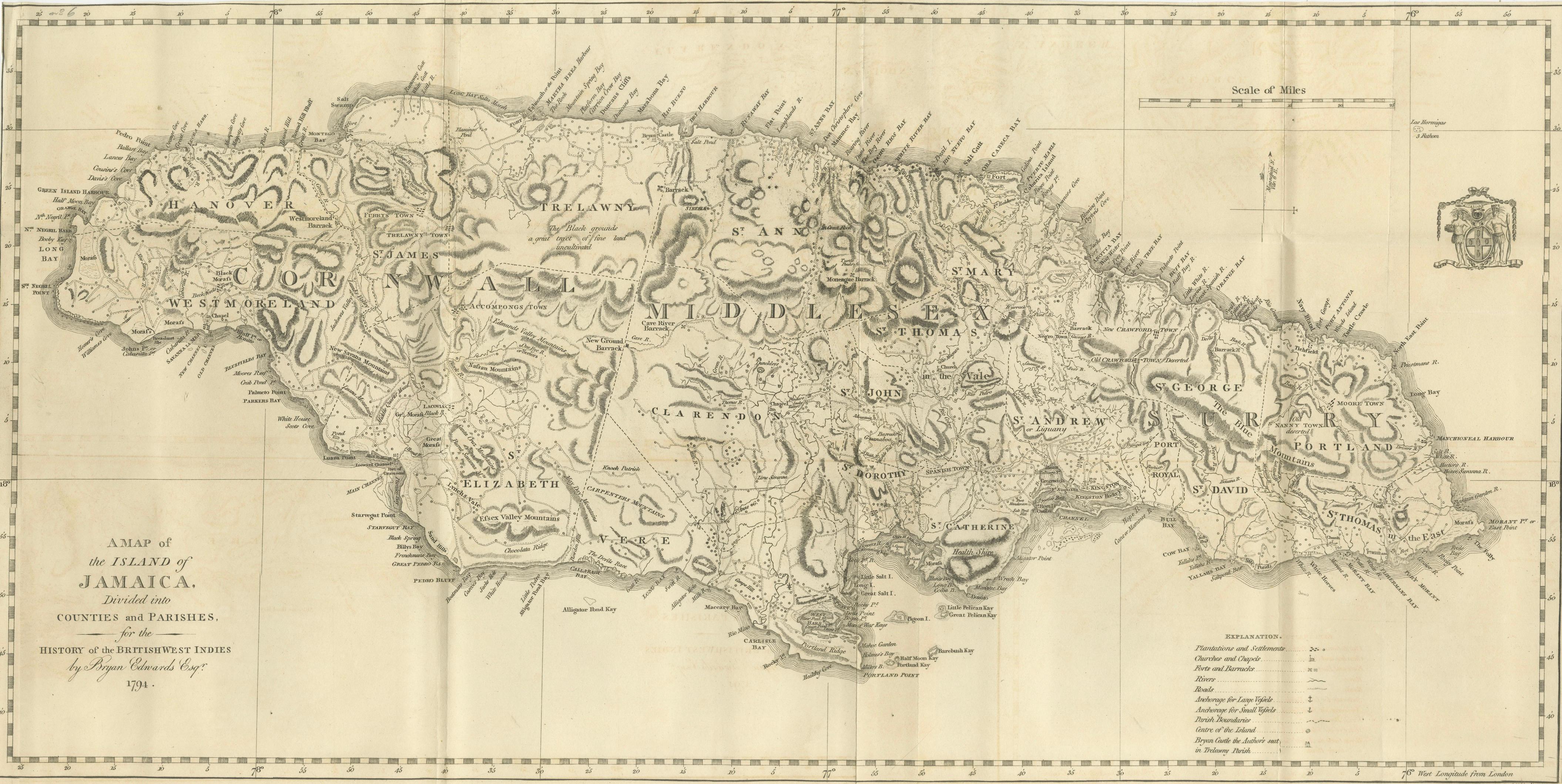 1794 Bryan Edwards Map of Jamaica – Parishes, Plantations, Settlements

This is an important antique map titled “A Map of the Island of Jamaica, Divided into Counties and Parishes,” created by Bryan Edwards in 1794. It was published in the second