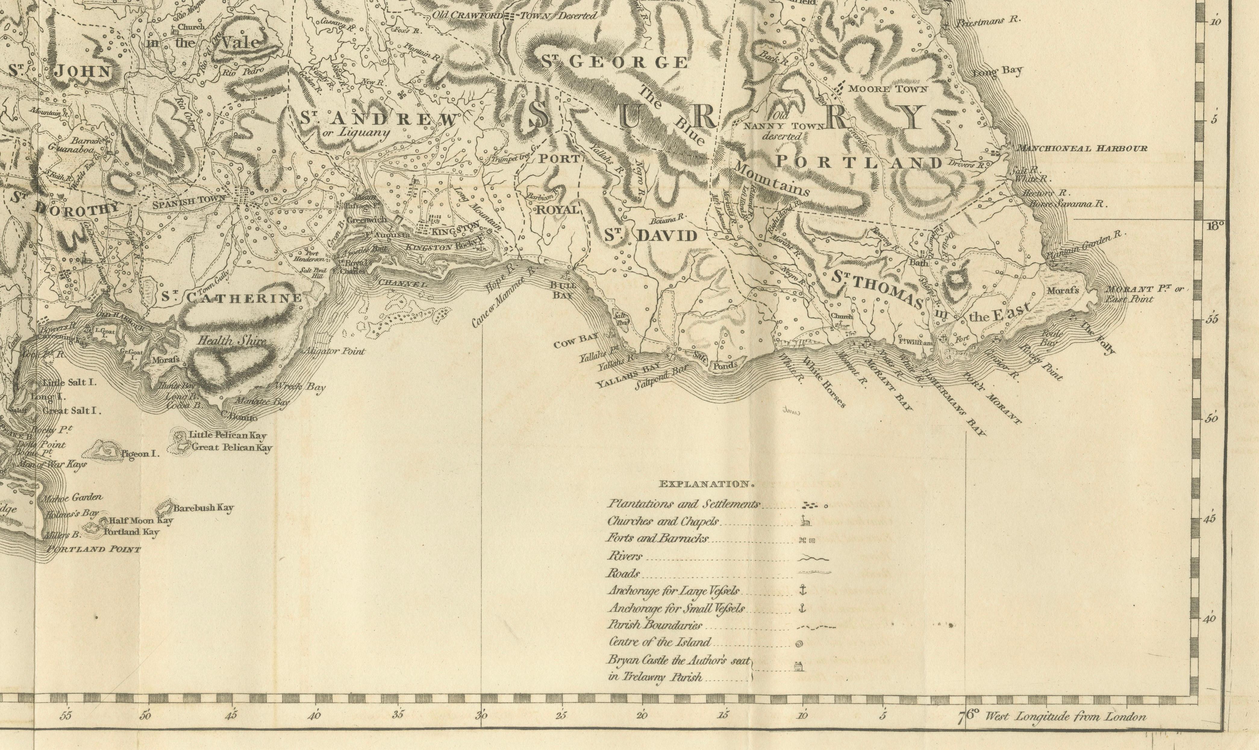 Engraved 1794 Map of Jamaica by Bryan Edwards – Parishes, Plantations, Settlements For Sale