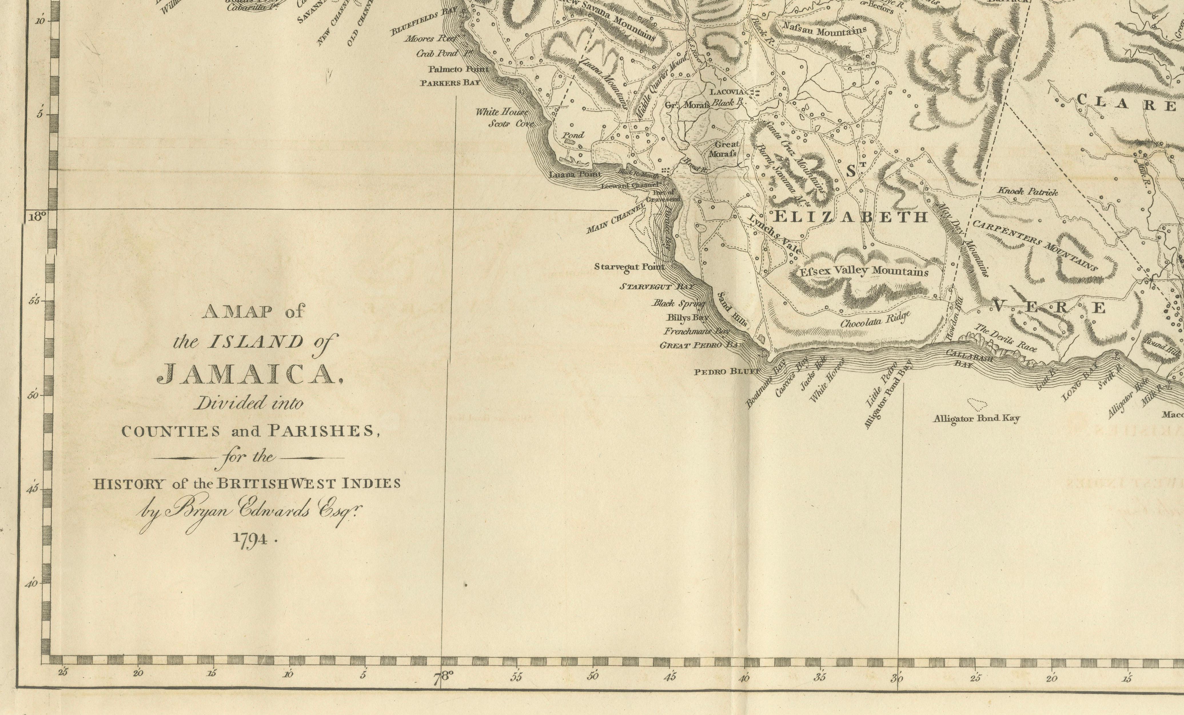 1794 Map of Jamaica by Bryan Edwards – Parishes, Plantations, Settlements In Good Condition For Sale In Langweer, NL