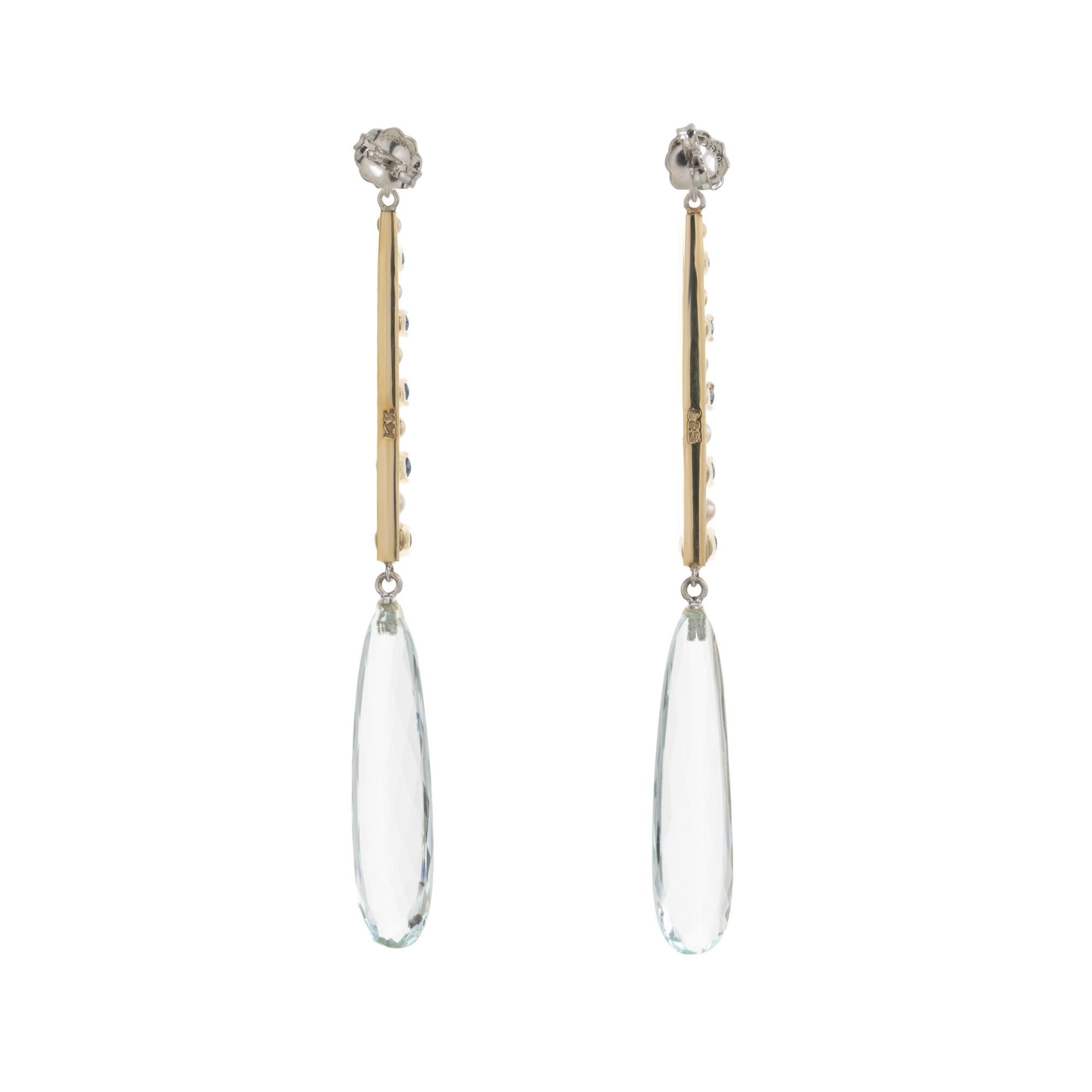 Taille poire Pendants d'oreilles en goutte en or et platine avec aigue-marine, saphir, perle et diamant de 17,95 carats en vente