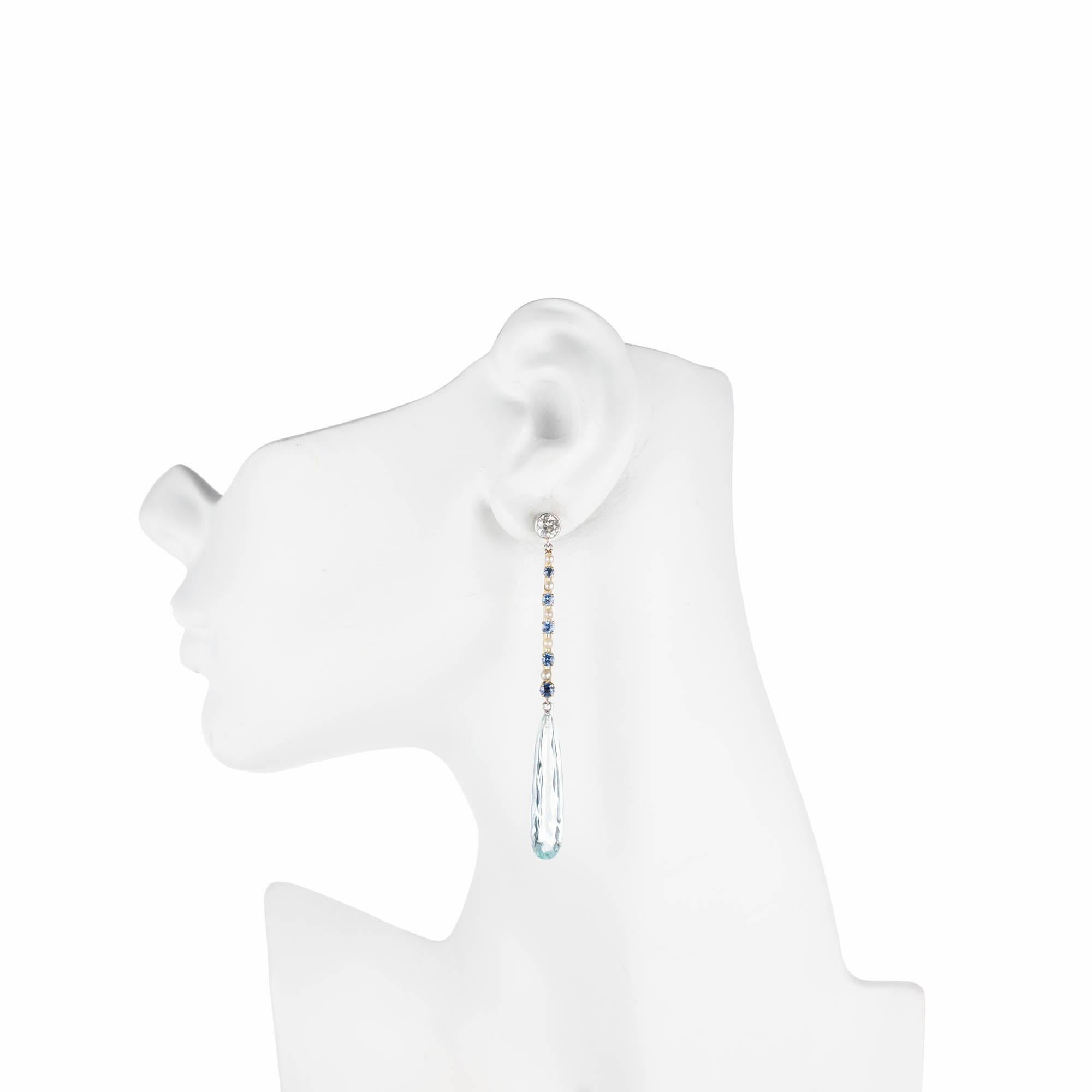 Women's 17.95 Carat Aquamarine Sapphire Pearl Diamond Gold Platinum Drop Dangle Earrings For Sale