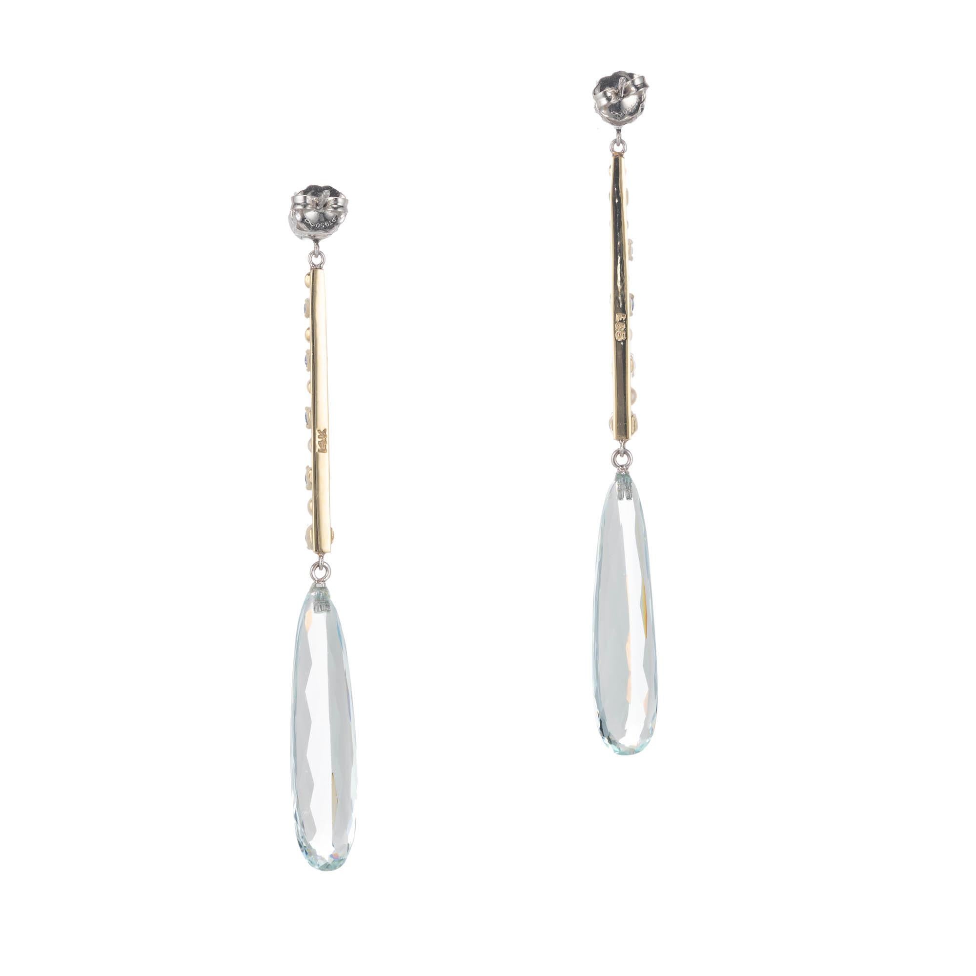 Pendants d'oreilles en goutte en or et platine avec aigue-marine, saphir, perle et diamant de 17,95 carats en vente 1