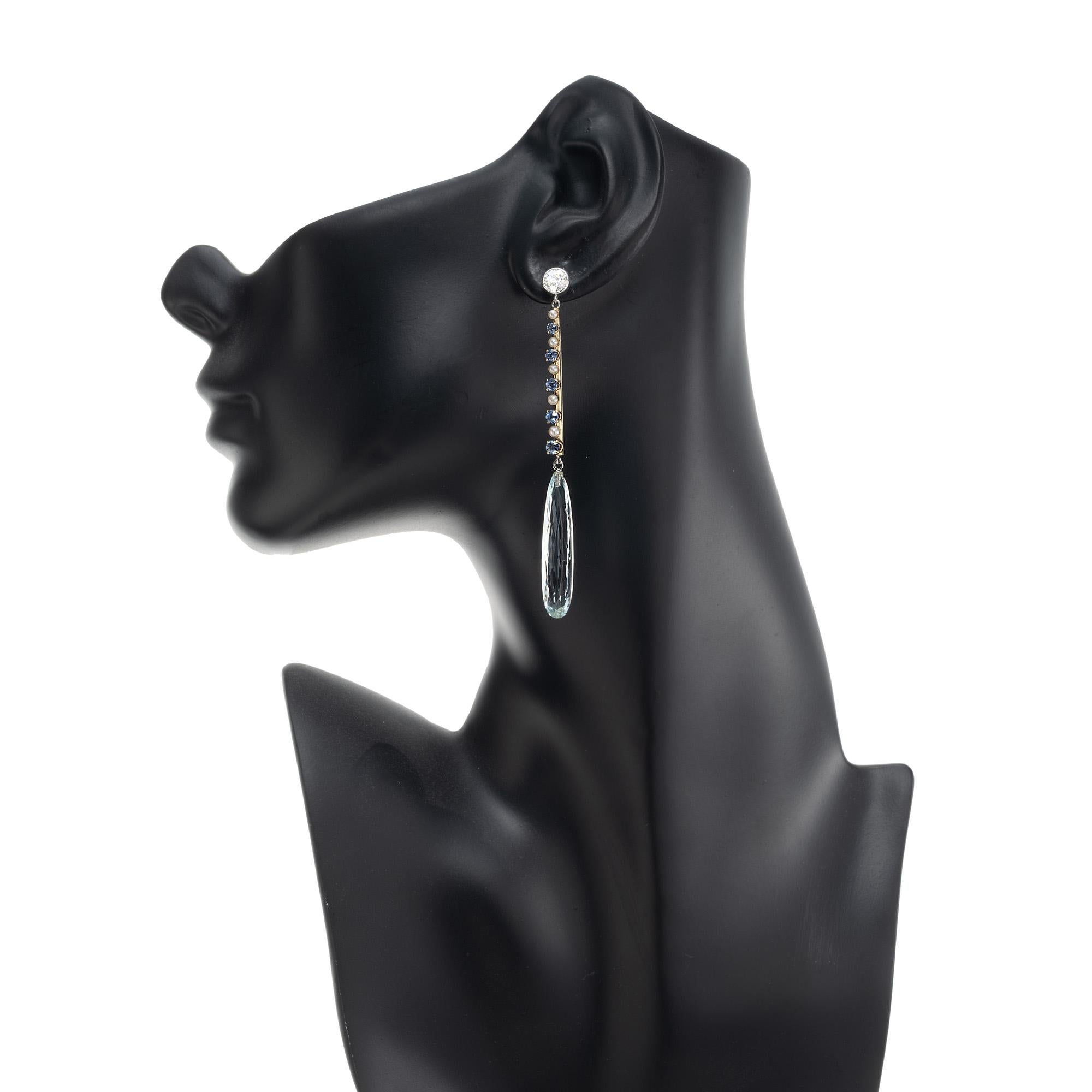 Pendants d'oreilles en goutte en or et platine avec aigue-marine, saphir, perle et diamant de 17,95 carats en vente 2