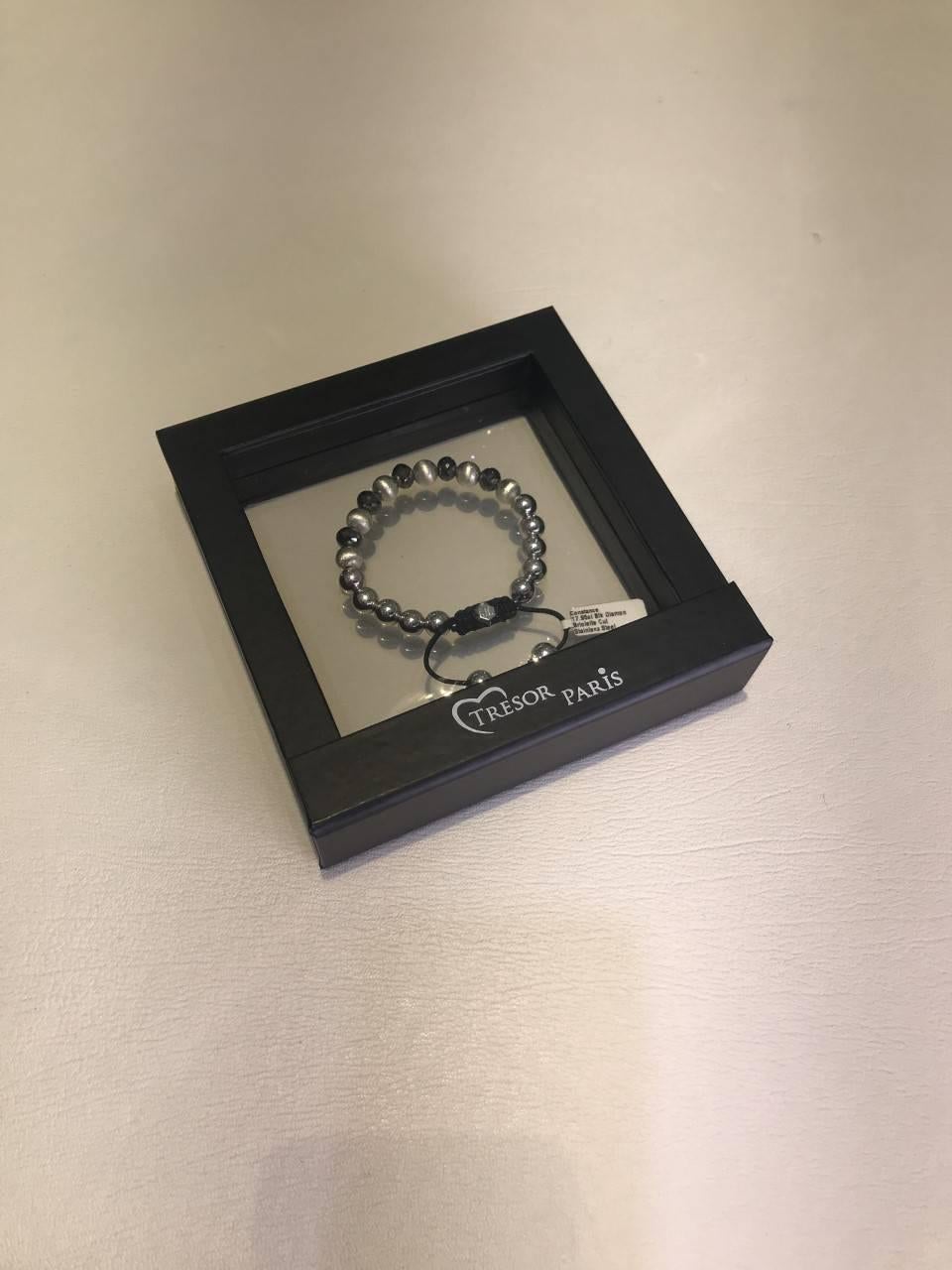 Modern Bespoke 17.95 Carat Black Diamond Silver Stainless Steel Macrame Bead Bracelet For Sale
