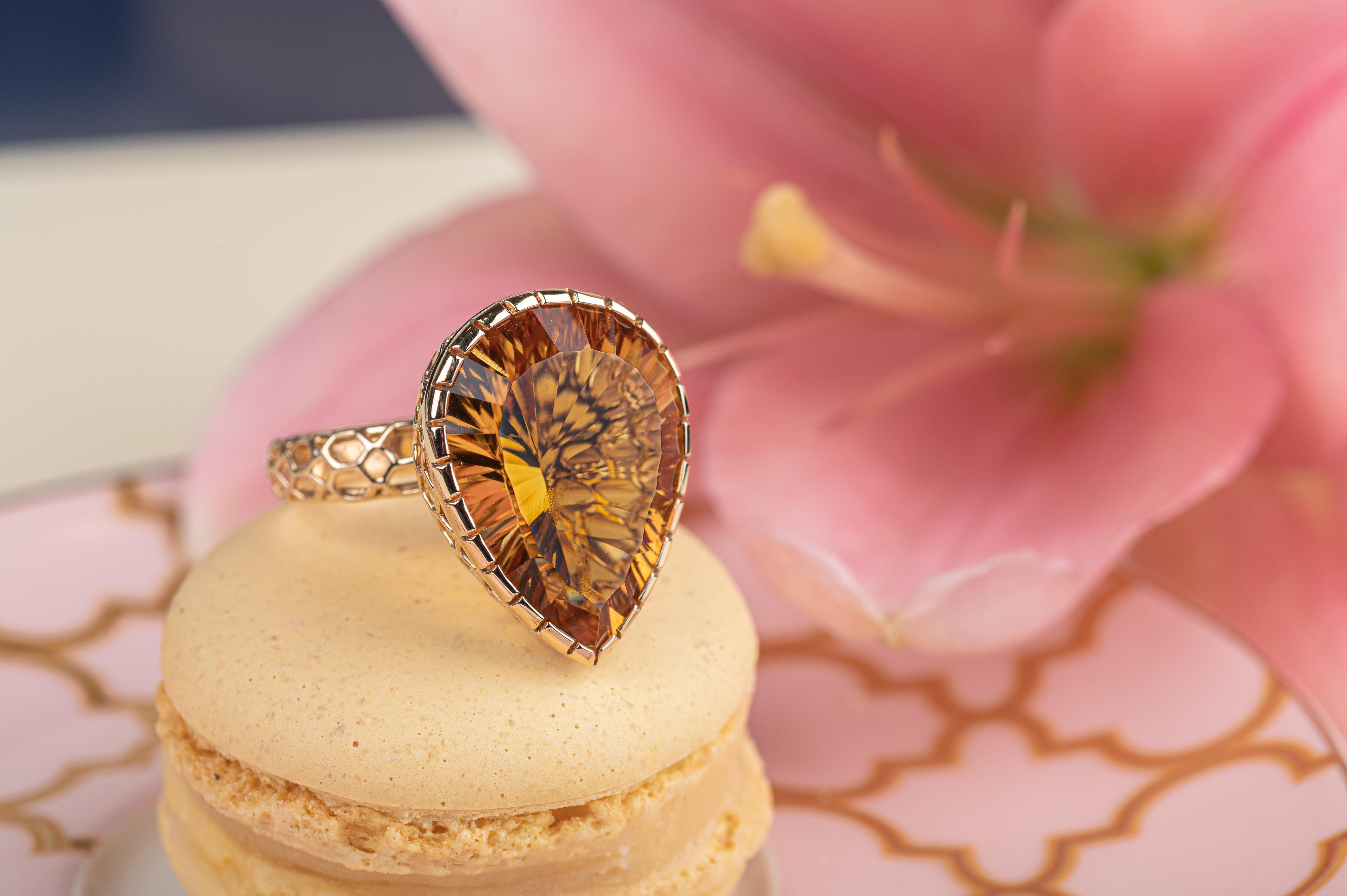 For Sale:  17.95 Carat Citrine Pear Cut Cocktail Ring in 14K Yellow Gold 6