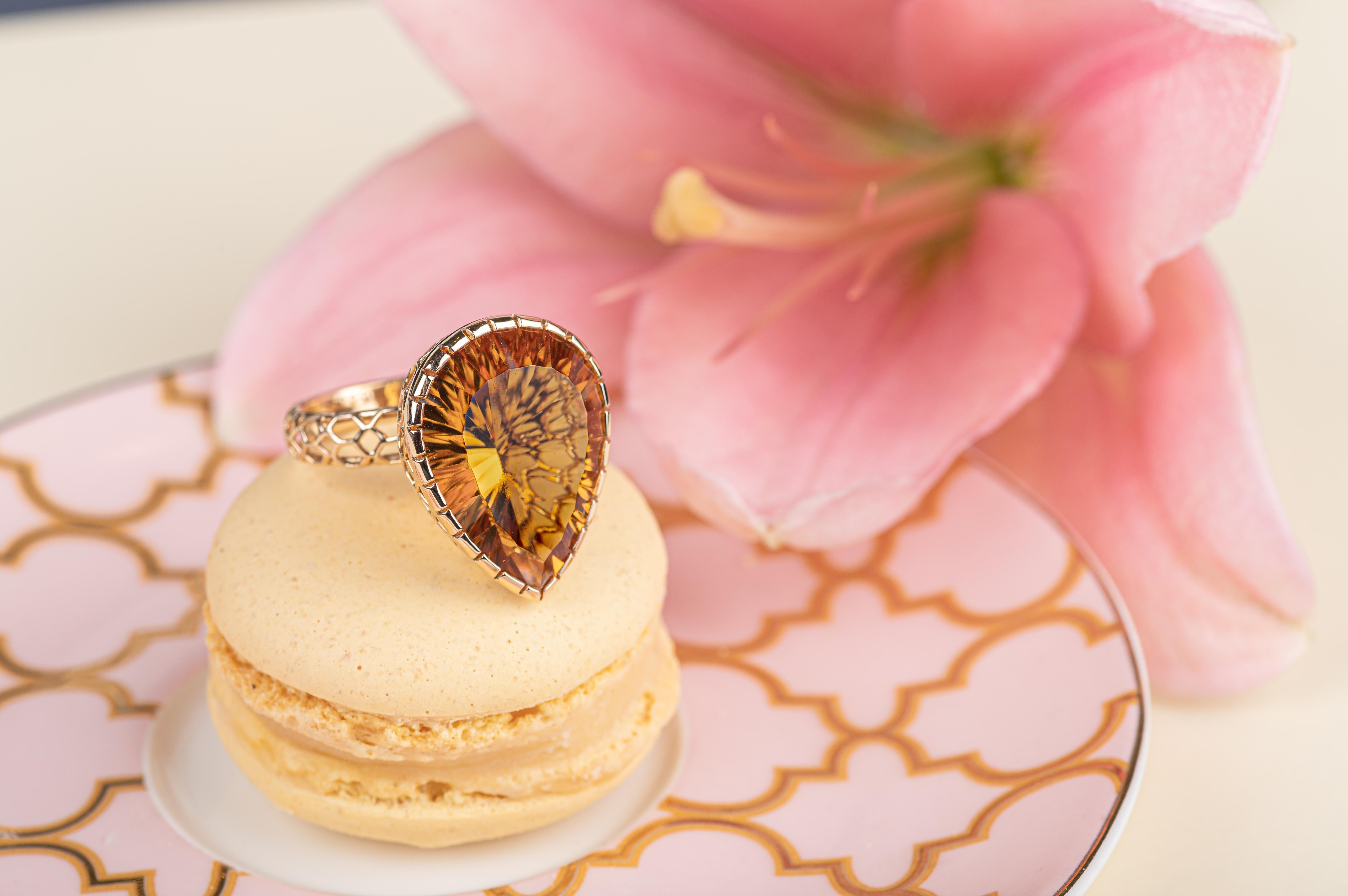 For Sale:  17.95 Carat Citrine Pear Cut Cocktail Ring in 14K Yellow Gold 7