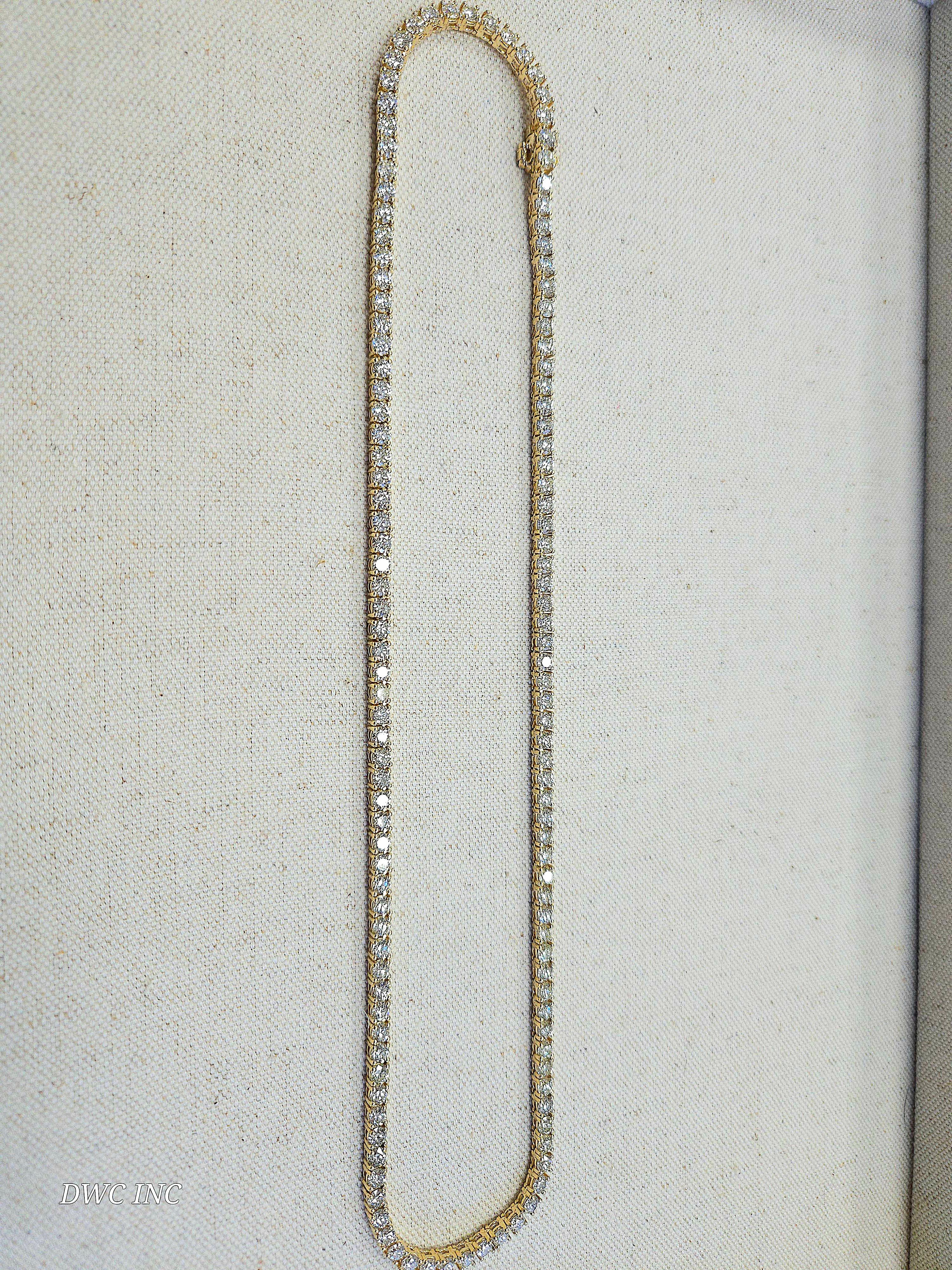 Women's or Men's 17.96 Carat Brilliant Cut Diamond Tennis Necklace 14 Karat Yellow Gold 16'' For Sale
