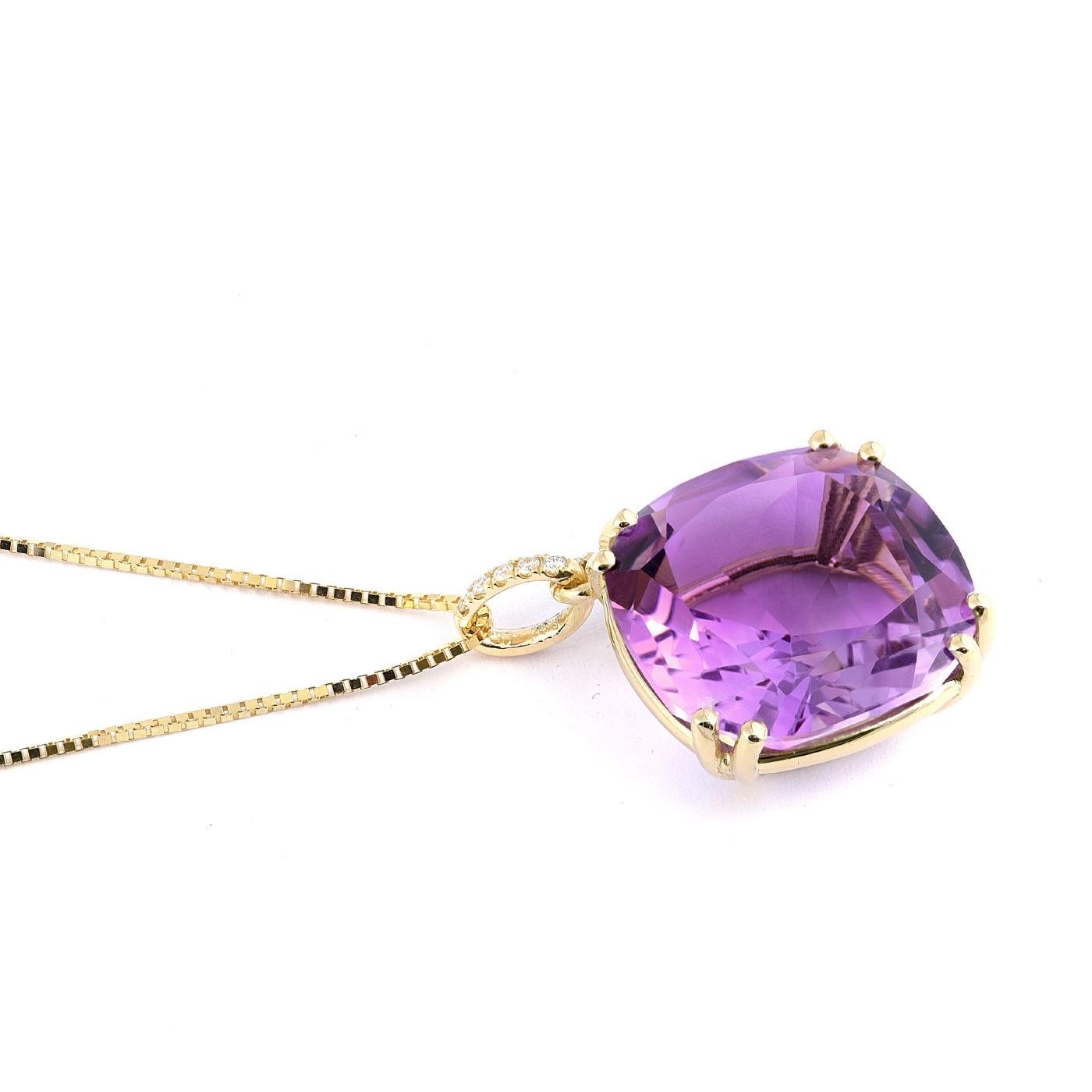 Set in 14K Yellow Gold, here is a pendant that offers a pop of versatile color with its amethyst and boasts easy to pair design that could make a statement with any outfit. At 17.69 carats, this evenly cut cushion also has an attractive even tone
