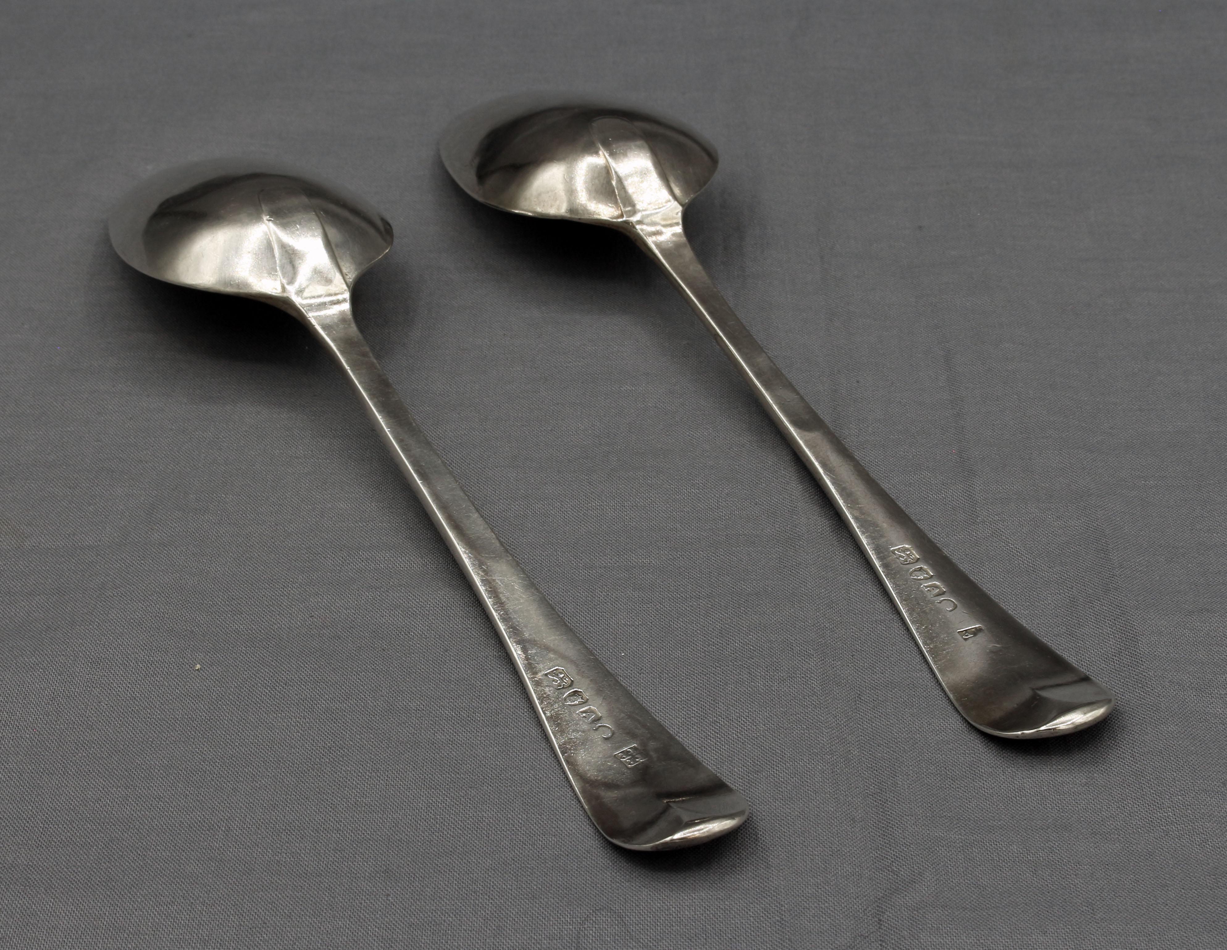 1796, London, pair of sterling silver Old English Engraved tablespoons by J&J Perkins. Jonathan I & II, 1795-1800 partnership. Simple rattail remains. Crisp period monogram 
