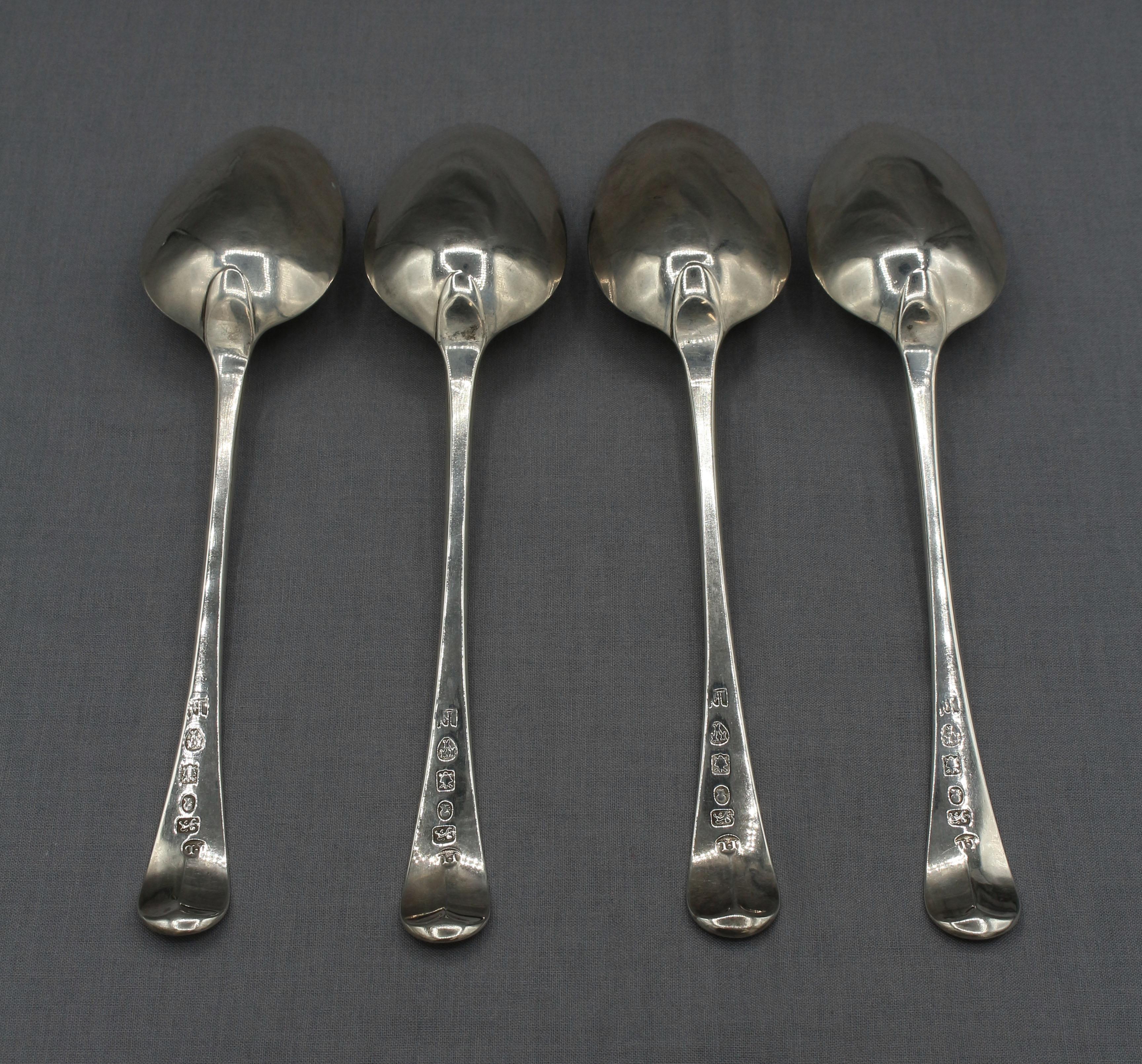 Set of 4 sterling silver tablespoons by John Langlands II, Newcastle, 1796, England. Handsome & rarely found. Old English pattern. Crisply pointed bowls. Possible monogram erasure. A continuation of a 60 year business, the largest in Newcastle from