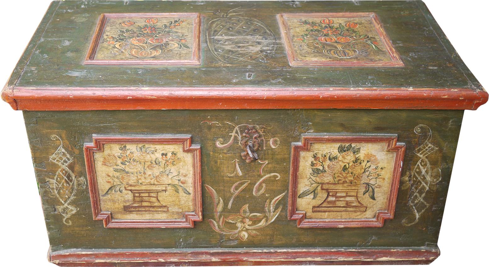 Northern Italian painted blanket chest

Ancient painted chest, dated 1796.
On the front, on the sides and on the floor there are six framed panels, containing cups and bouquets of flowers and fake marble motifs.
The background is forest green,